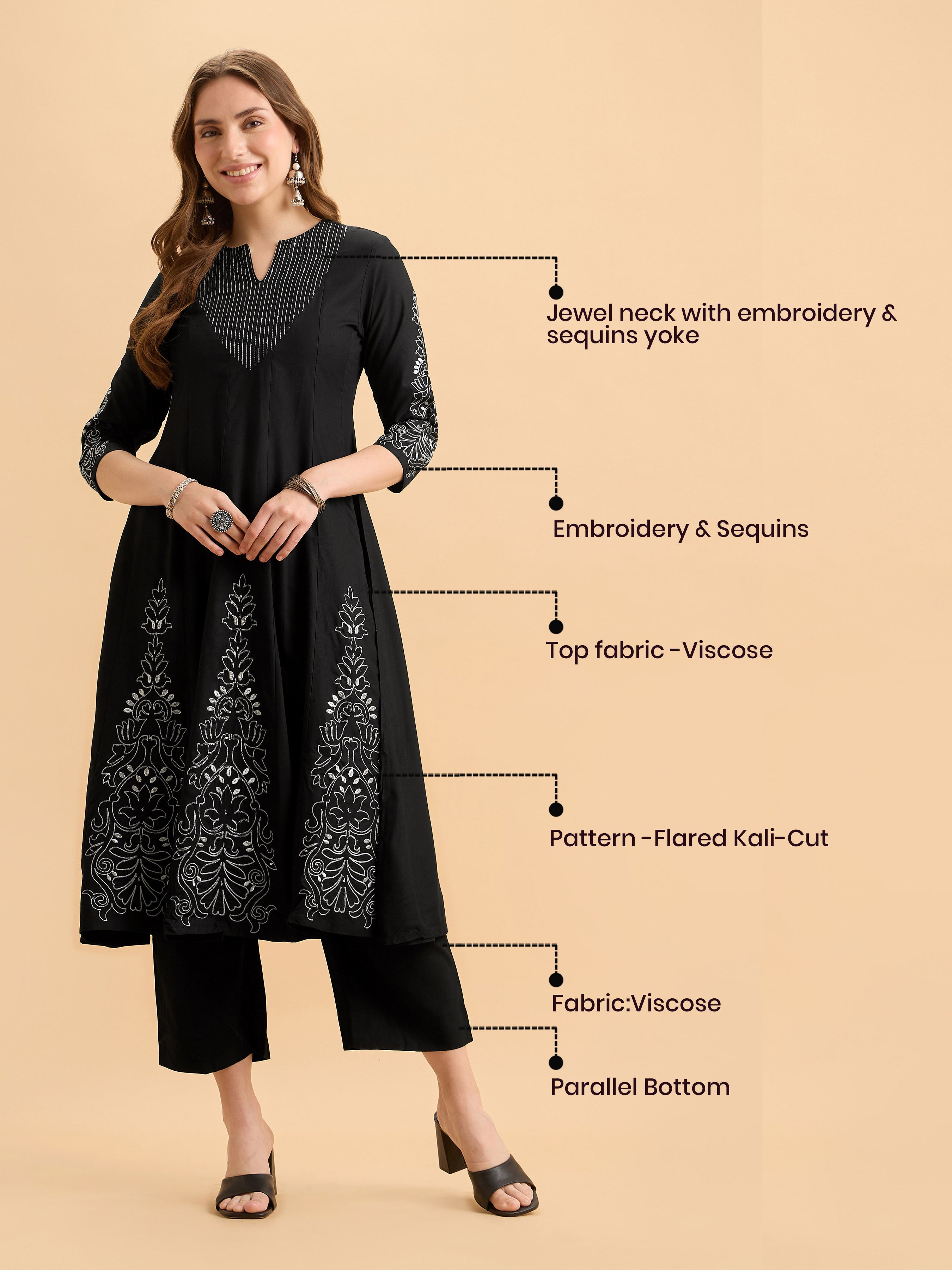 Black Viscose Kali Cut Kurti Set With Embroidery And Sequins