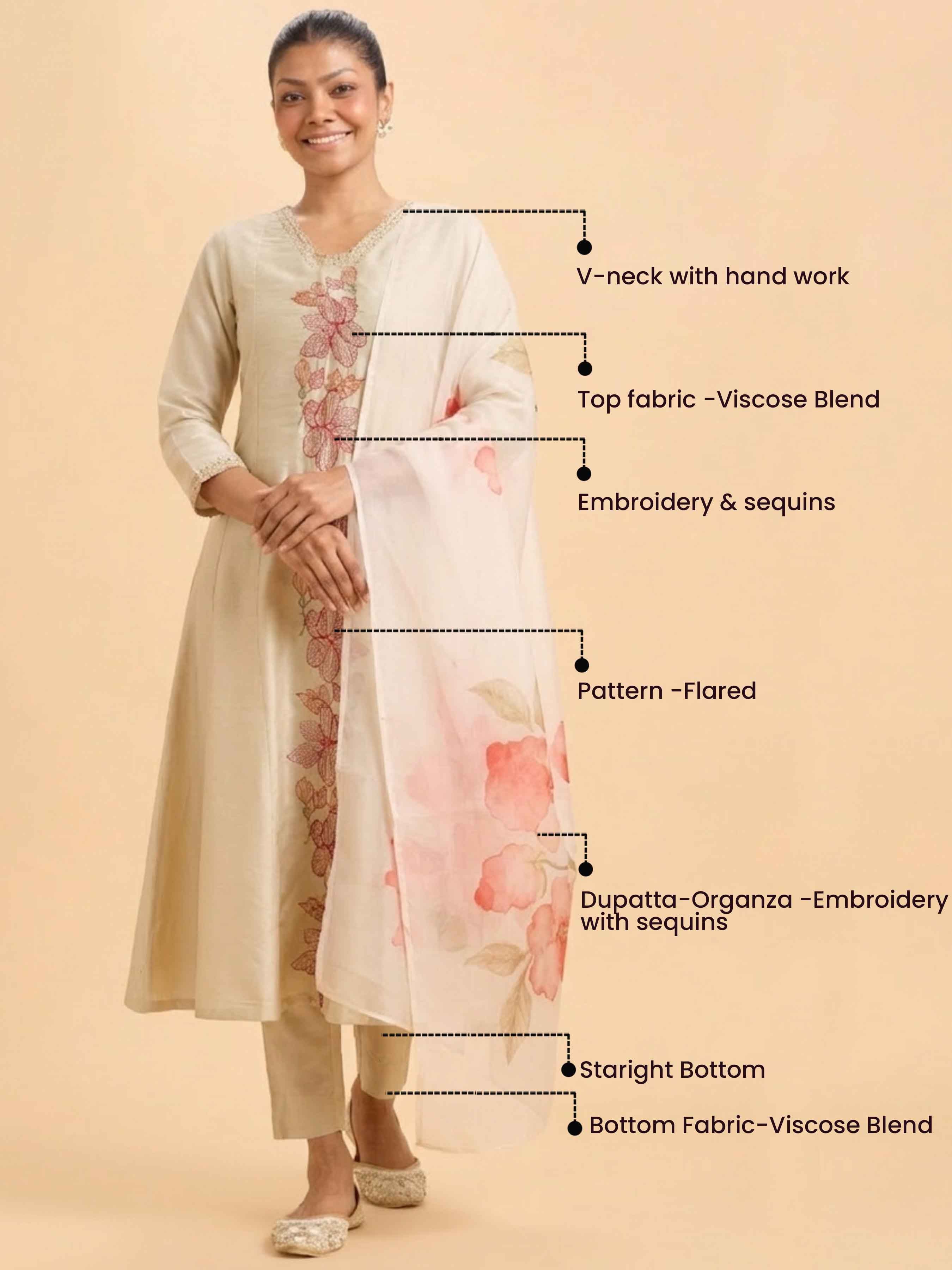 Ivory Viscose Plain Flared Centre Panel Embroideried Kurti Set With Dupatta