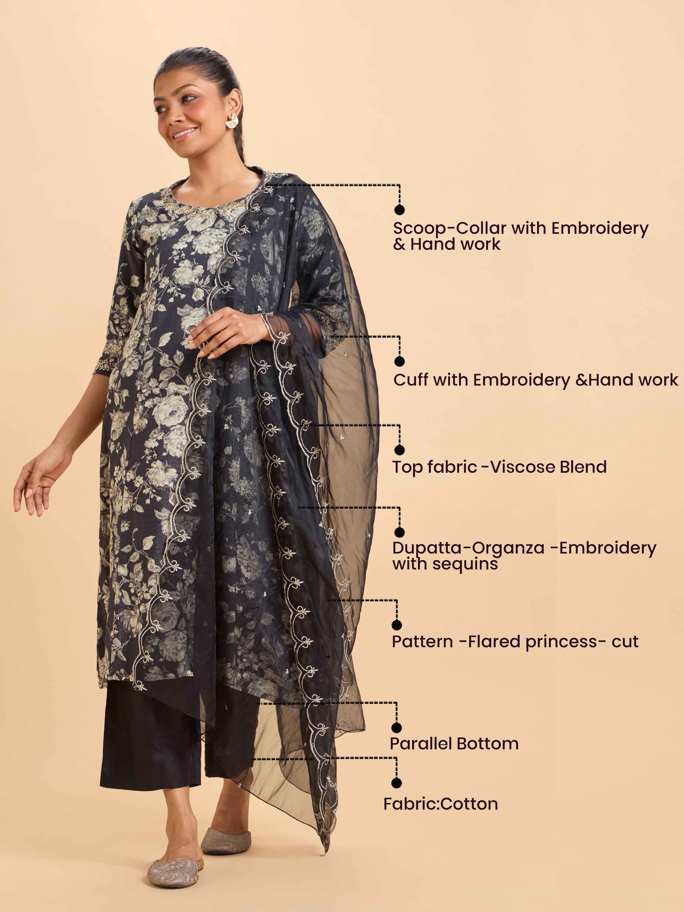 Black Multi-Colour Viscose Shimmer Printed Flared Kurti With Embroidery And Handwork Styled With Organza Embroidered Dupatta