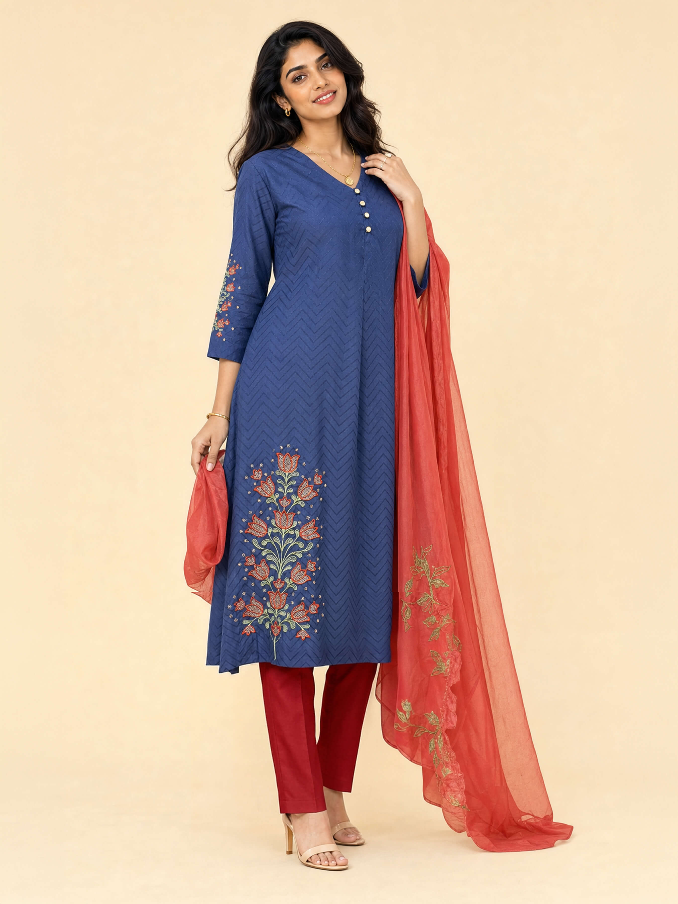 Denim Blue Viscose Kurti Set With Dupatta