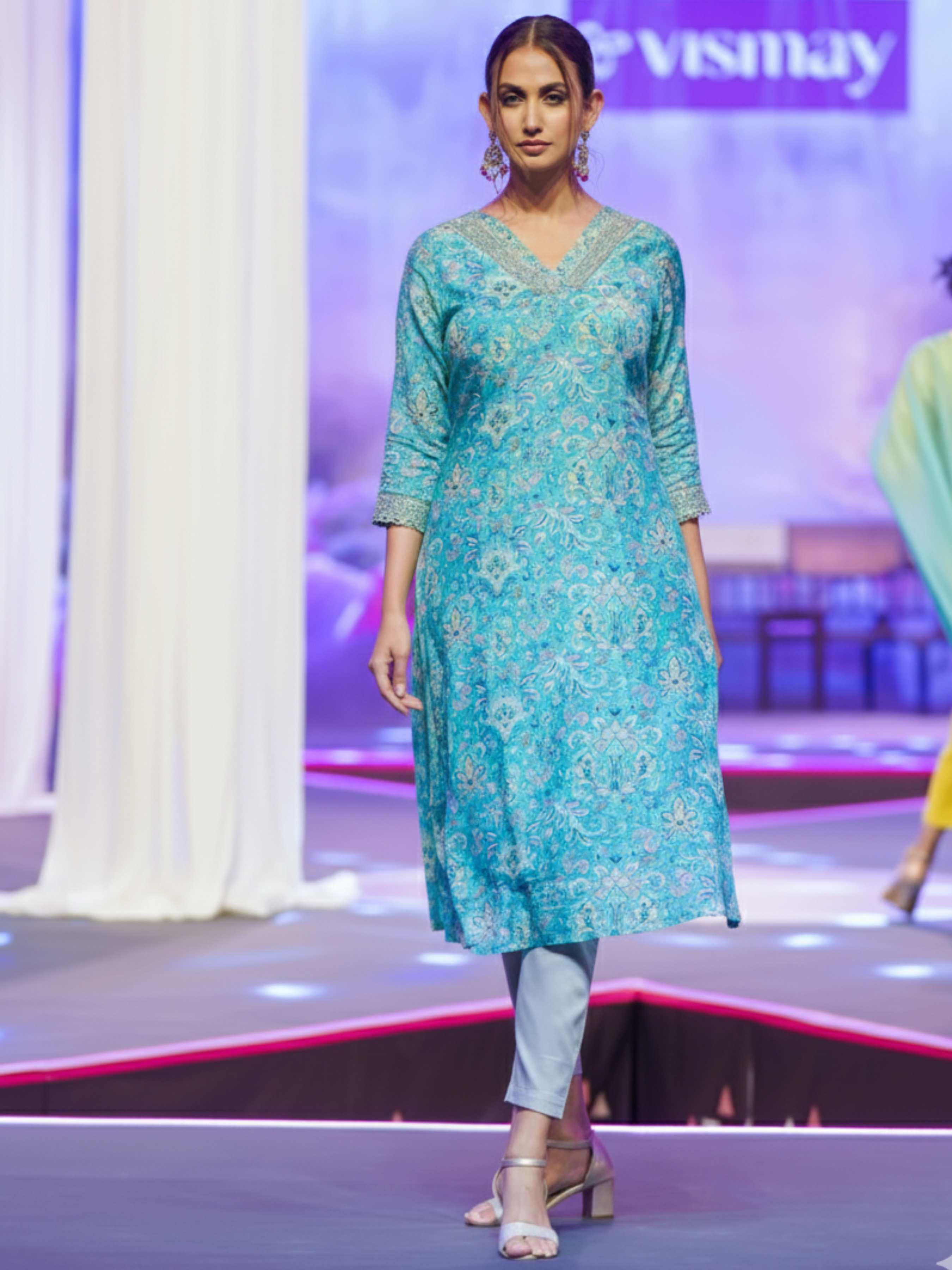 Aqua Blue Modal Satin Printed Kurti Set With Hand Work