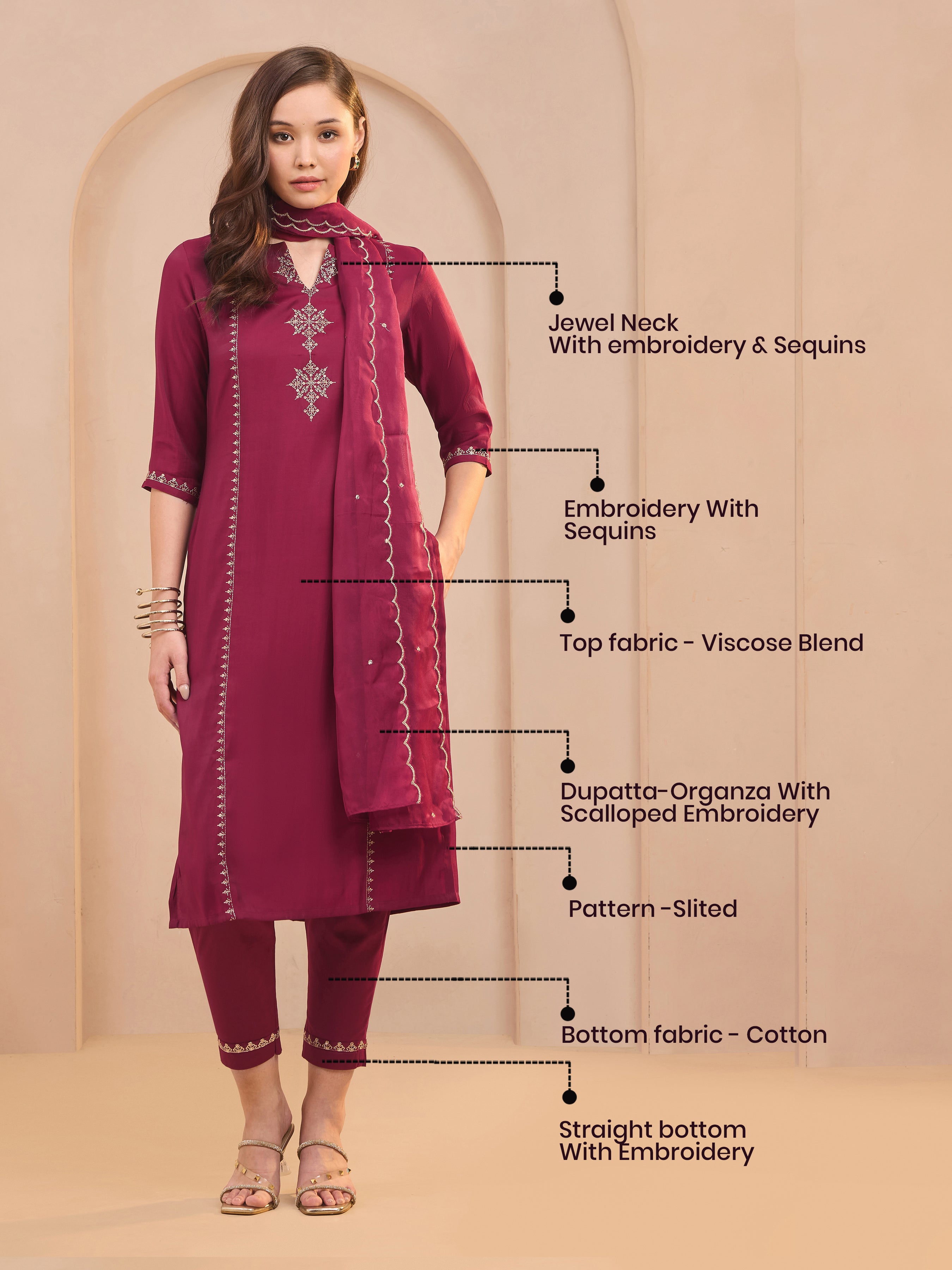 Majenta Viscose Blend Kurti Set & Dupatta With Sequins Embroidery