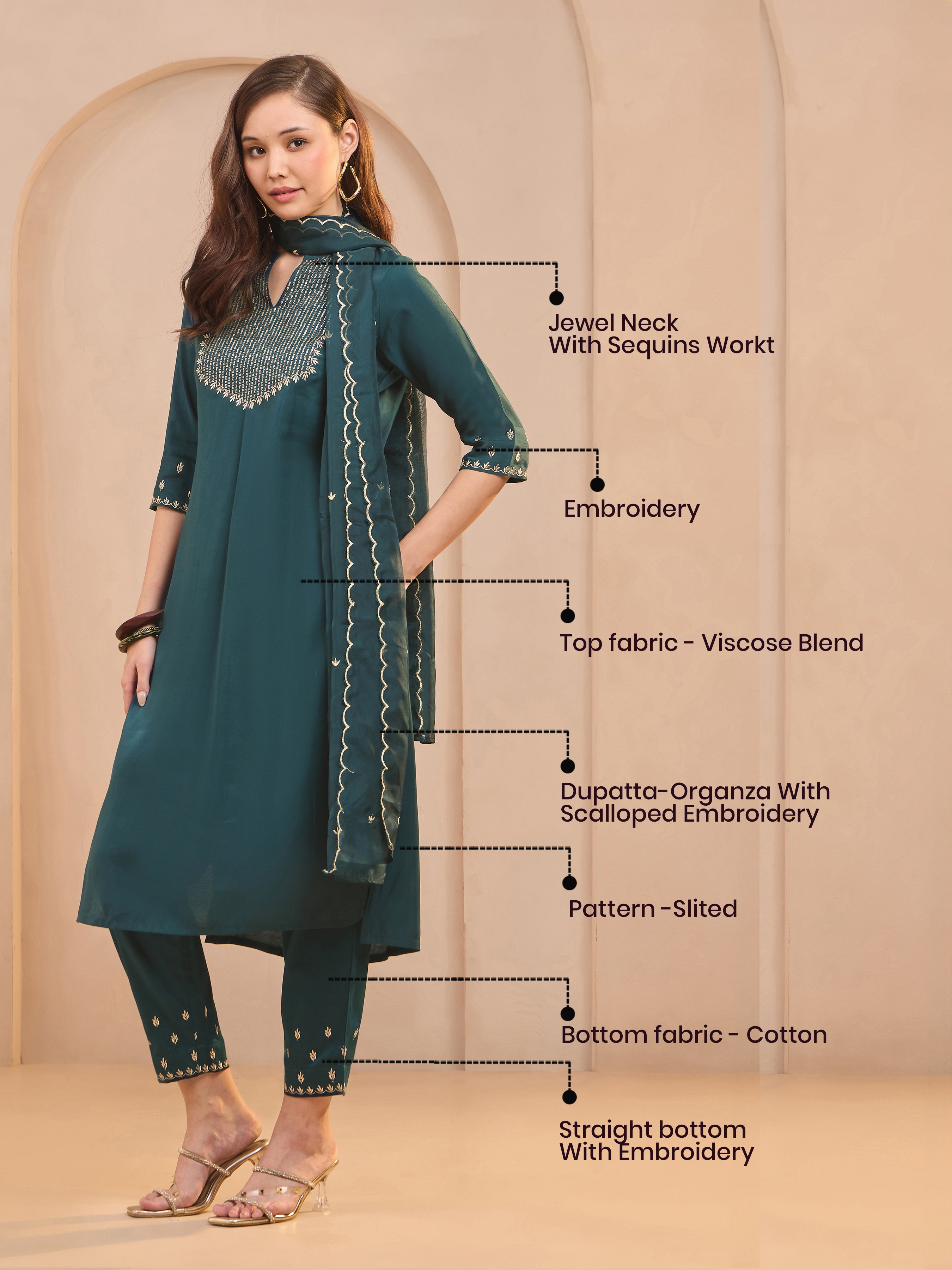 Teal Viscose Blend Kurti Set & Dupatta With Sequins Embroidery