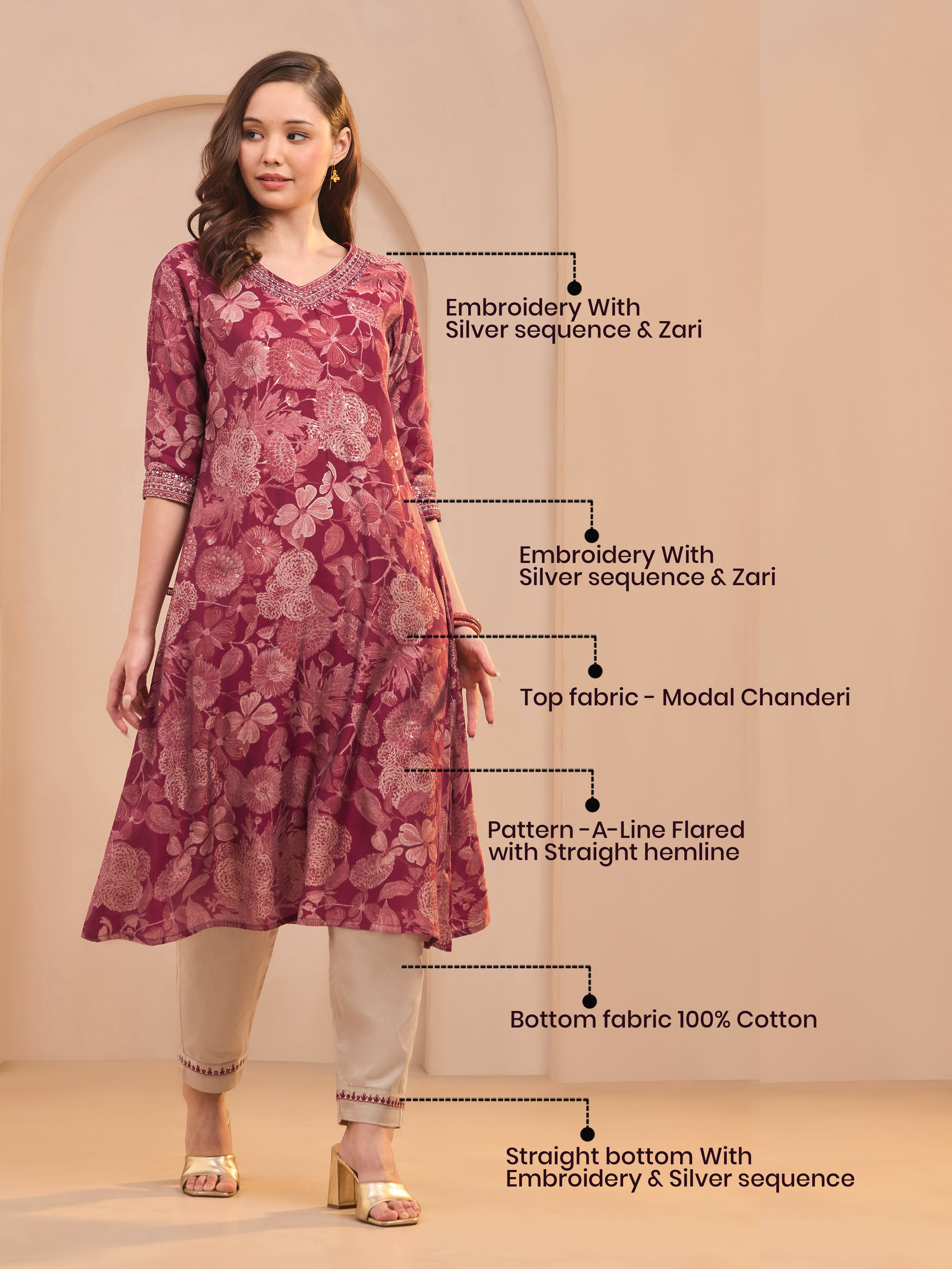 Majenta Modal Chanderi Floral Printed Kurti Set With Hand Work