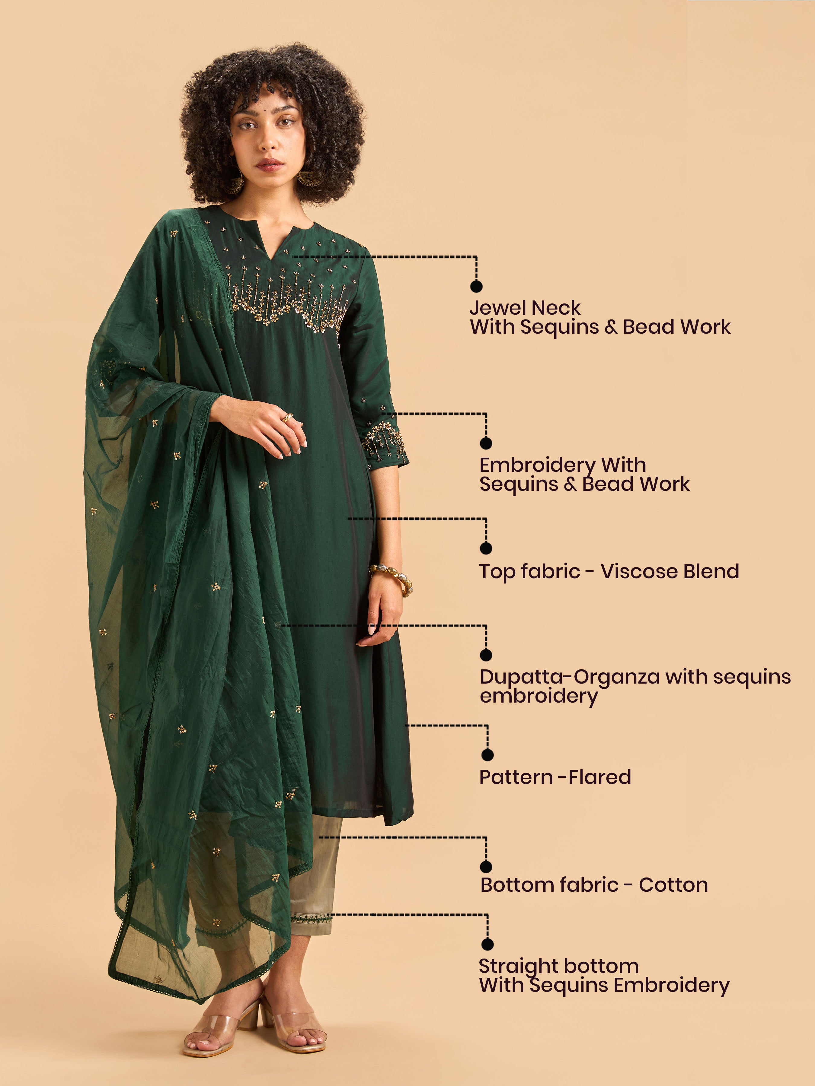 Bottle Green Viscose Slub Plain Kurti Set & Dupatta With Hand Work
