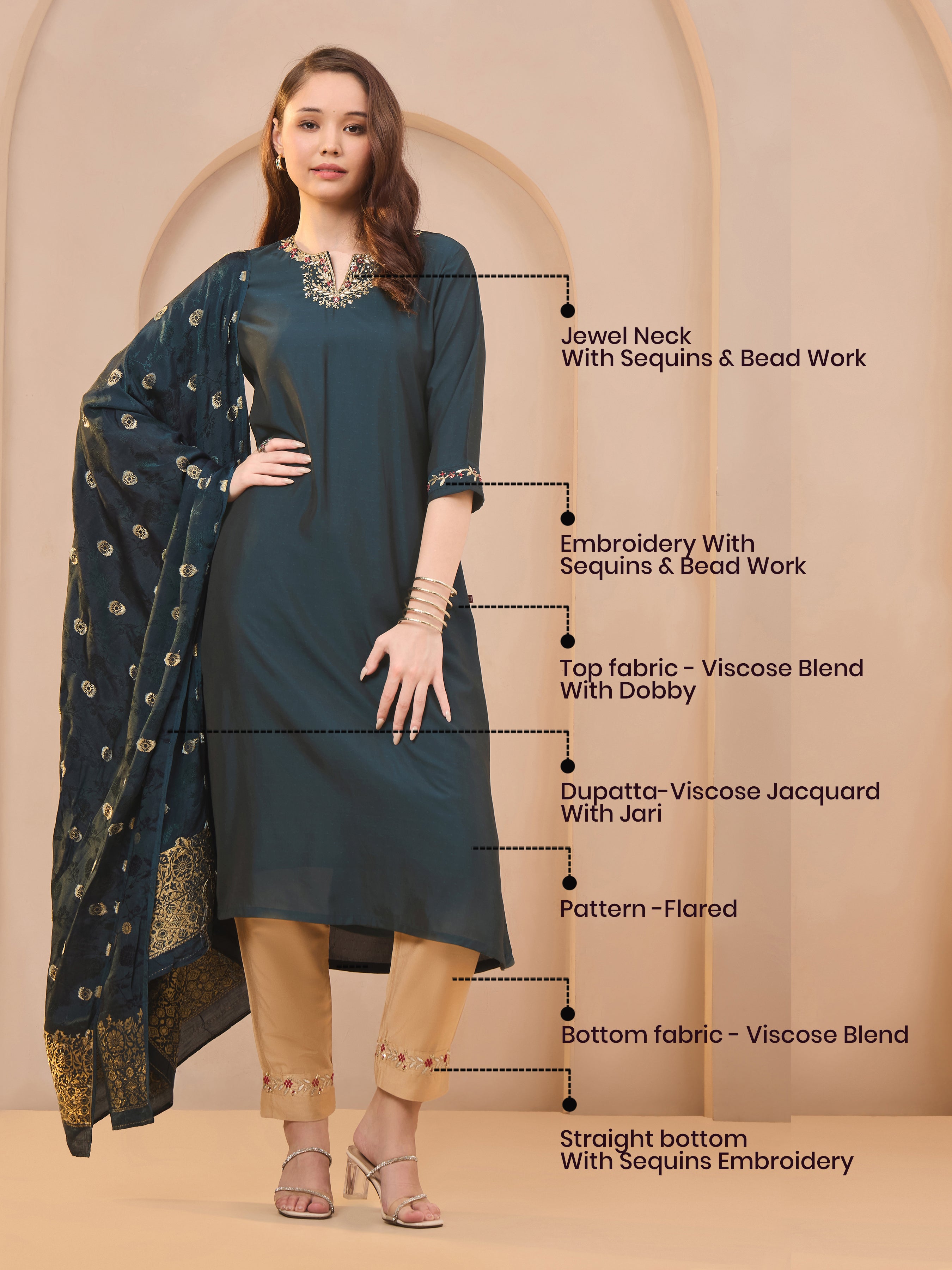 Navy Blue Viscose Blend Kurti Set & Dupatta With Hand Work