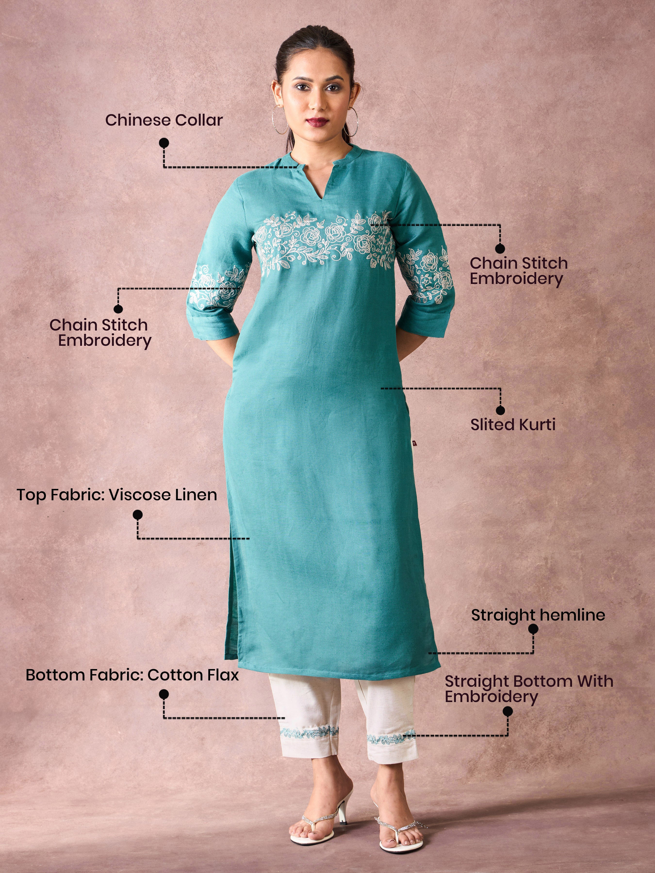Teal Blue Viscose Linen Kurti & Bottom With Embroidery