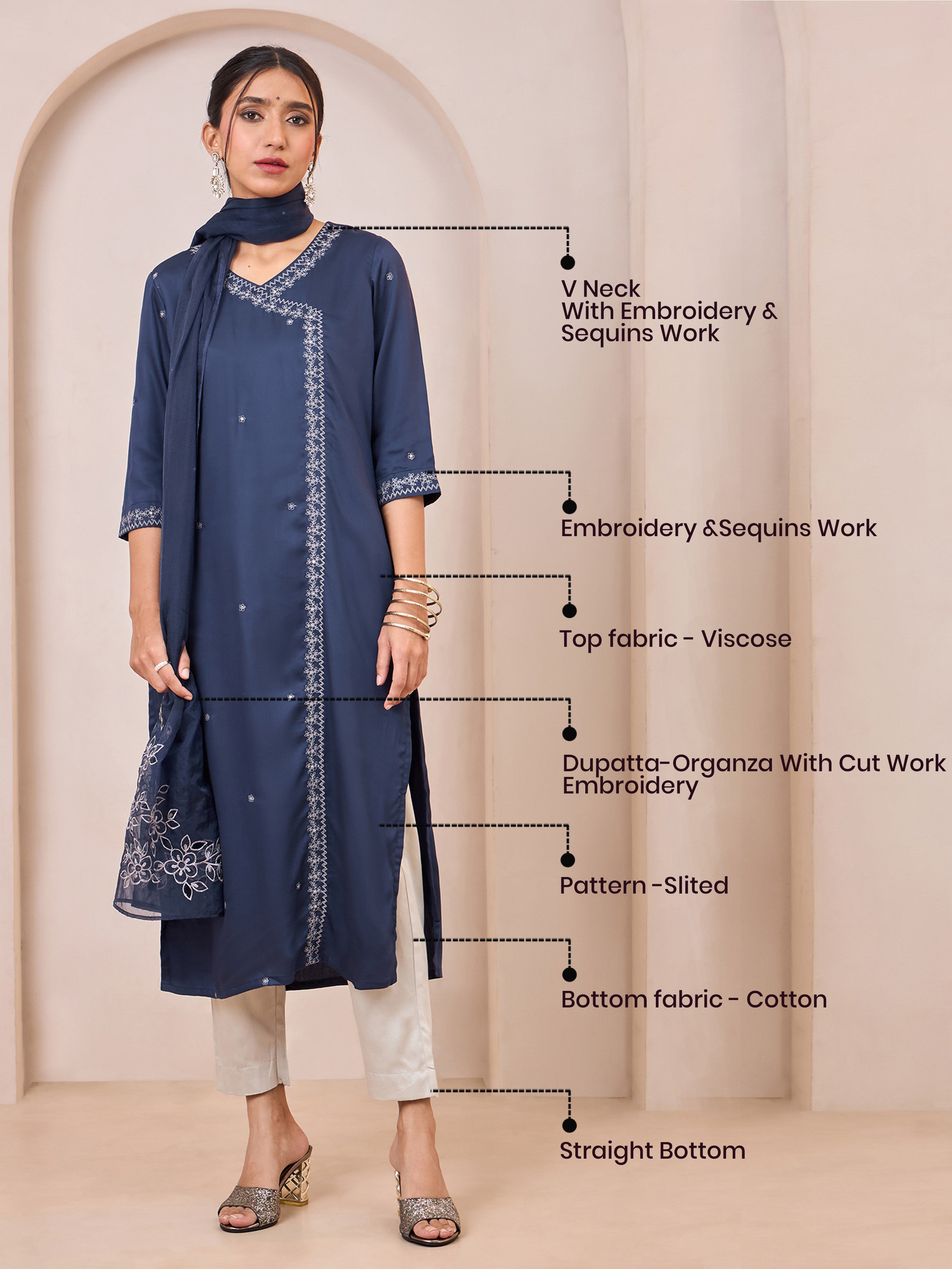 Navy Blue Viscose Plain Kurti Set & Dupatta With Hand Work Embroidery