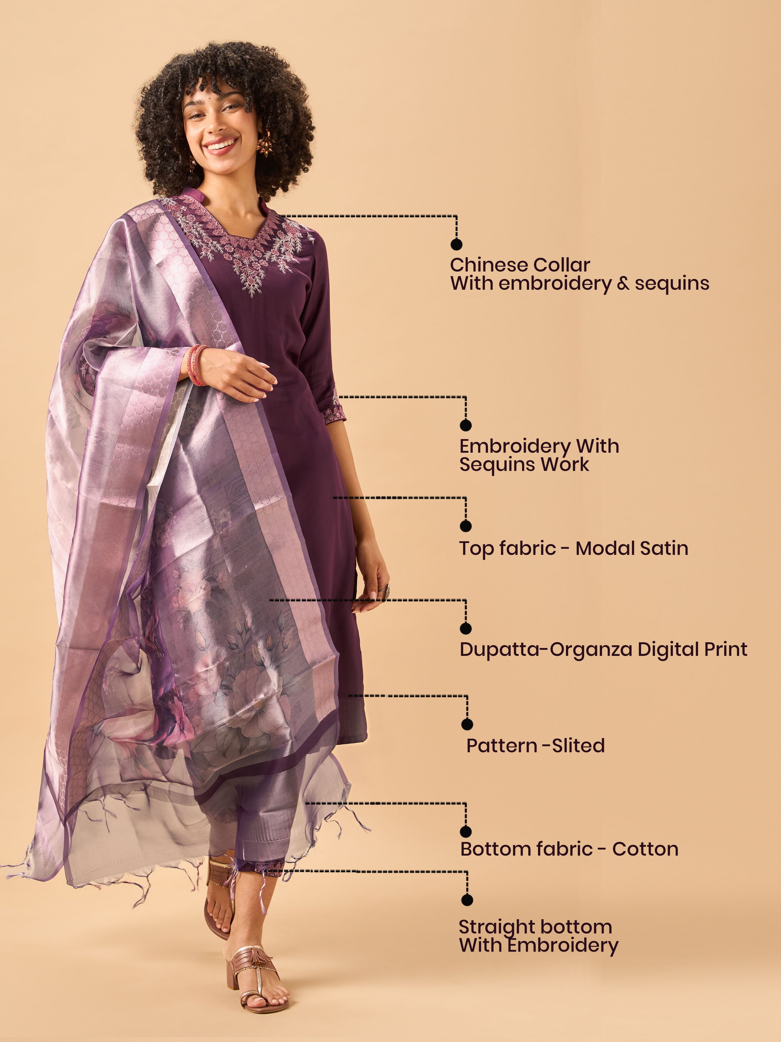 Magenta Modal Satin Kurti Set & Dupatta With Sequins Embroidery