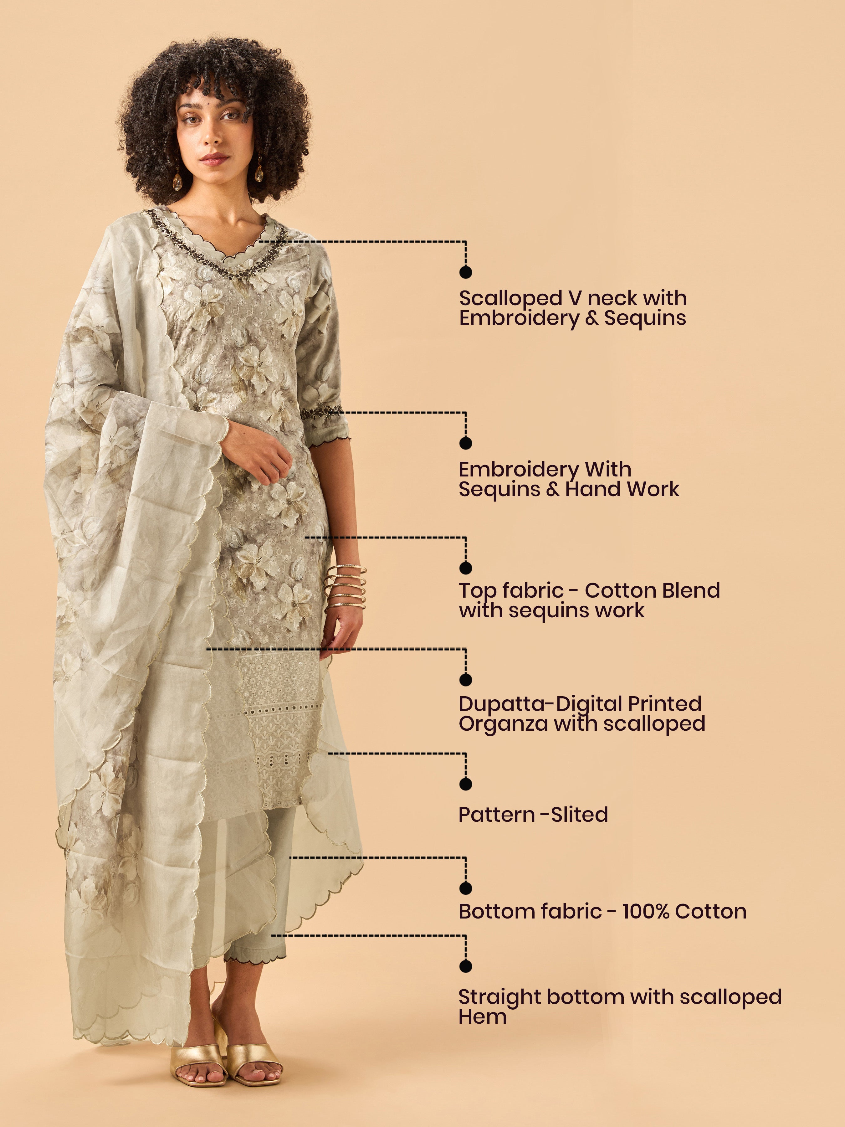 Multi Colour Cotton Schiffely Printed Kurti set & Dupatta With Hand Work