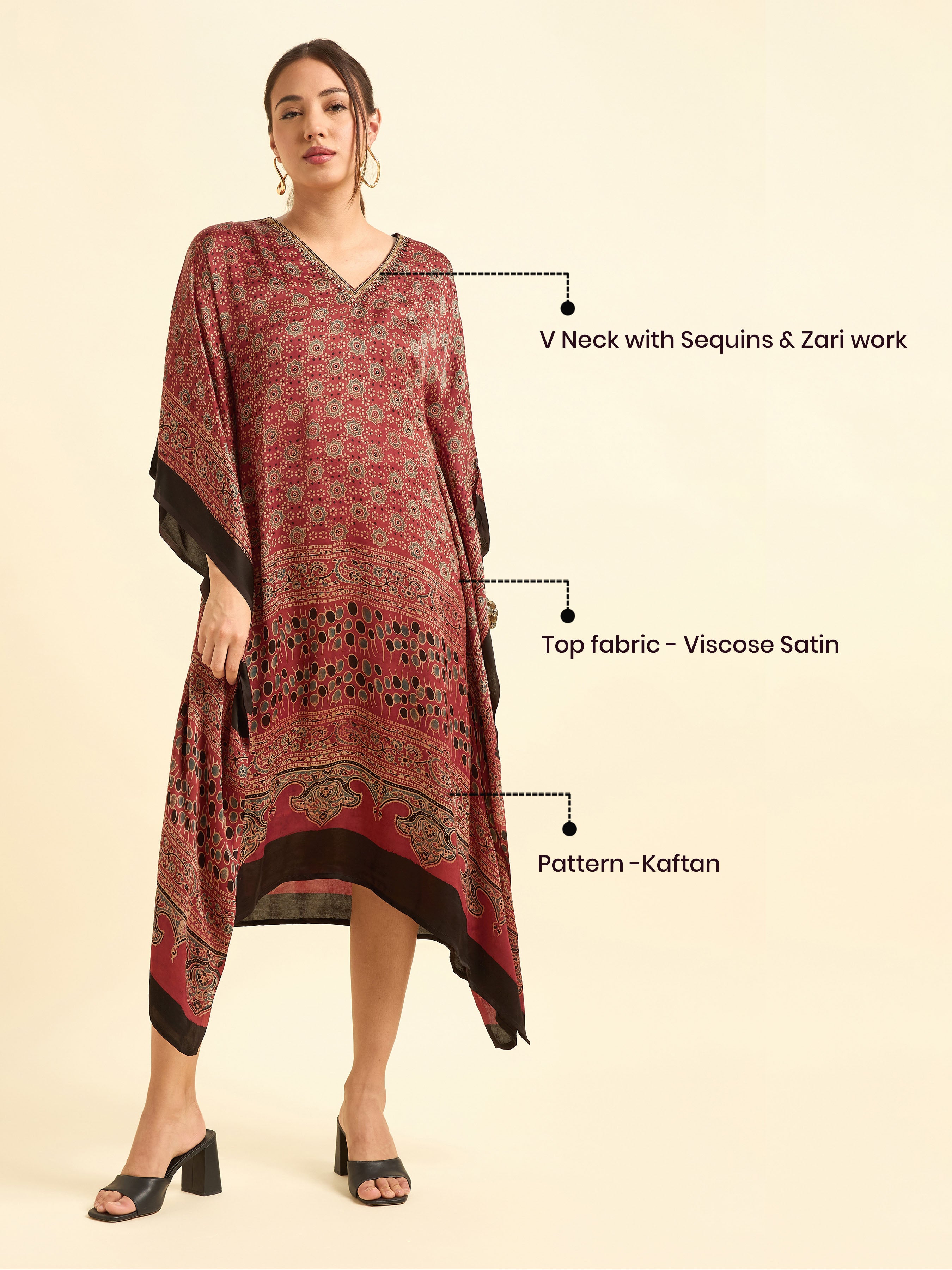 Maroon Multi Colour Modal Satin Kaftan With Embroidery Sequins Work