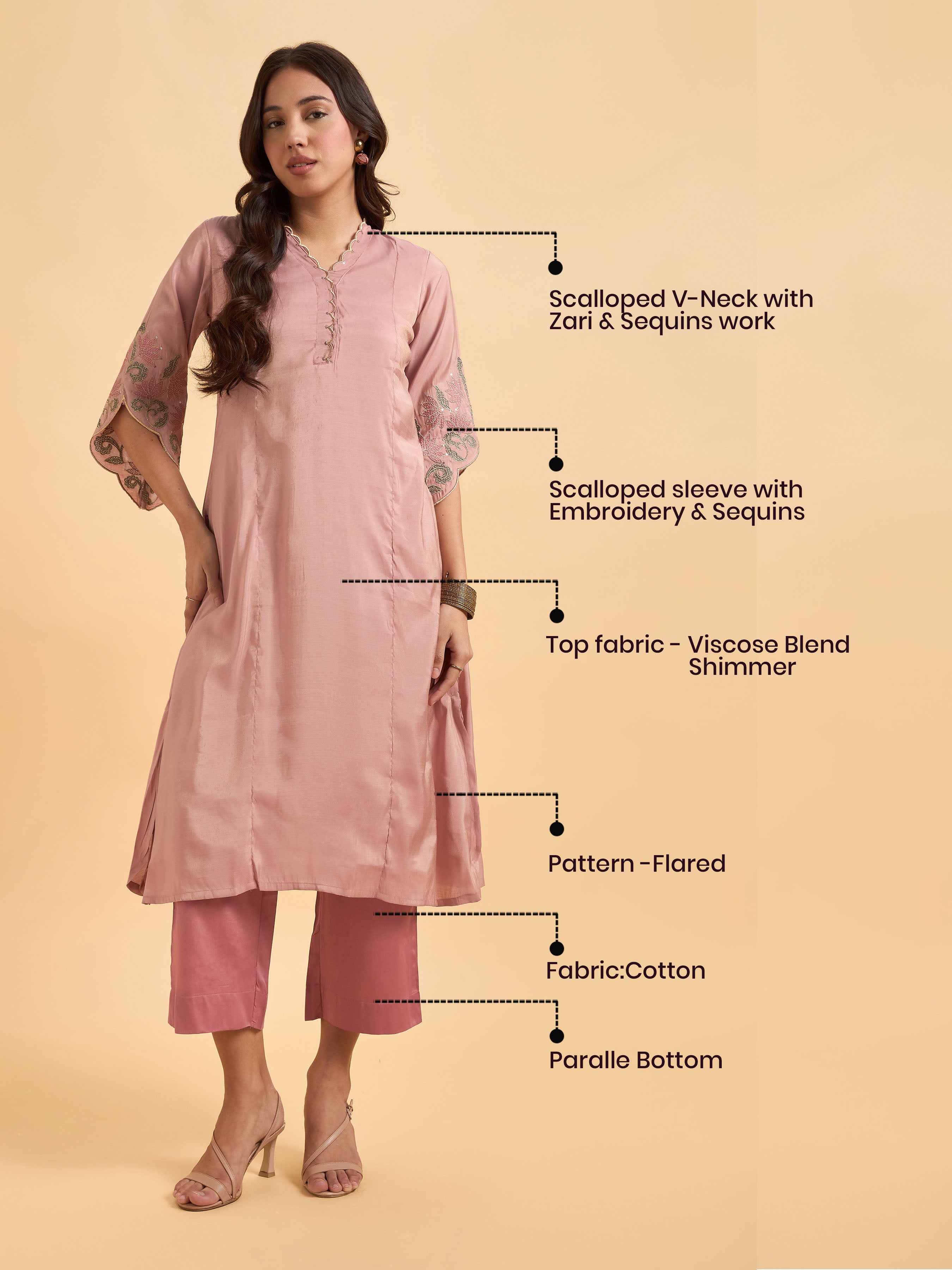 Blush Pink Viscose Shimmer Plain Kurti Set With Sequins Embroidery