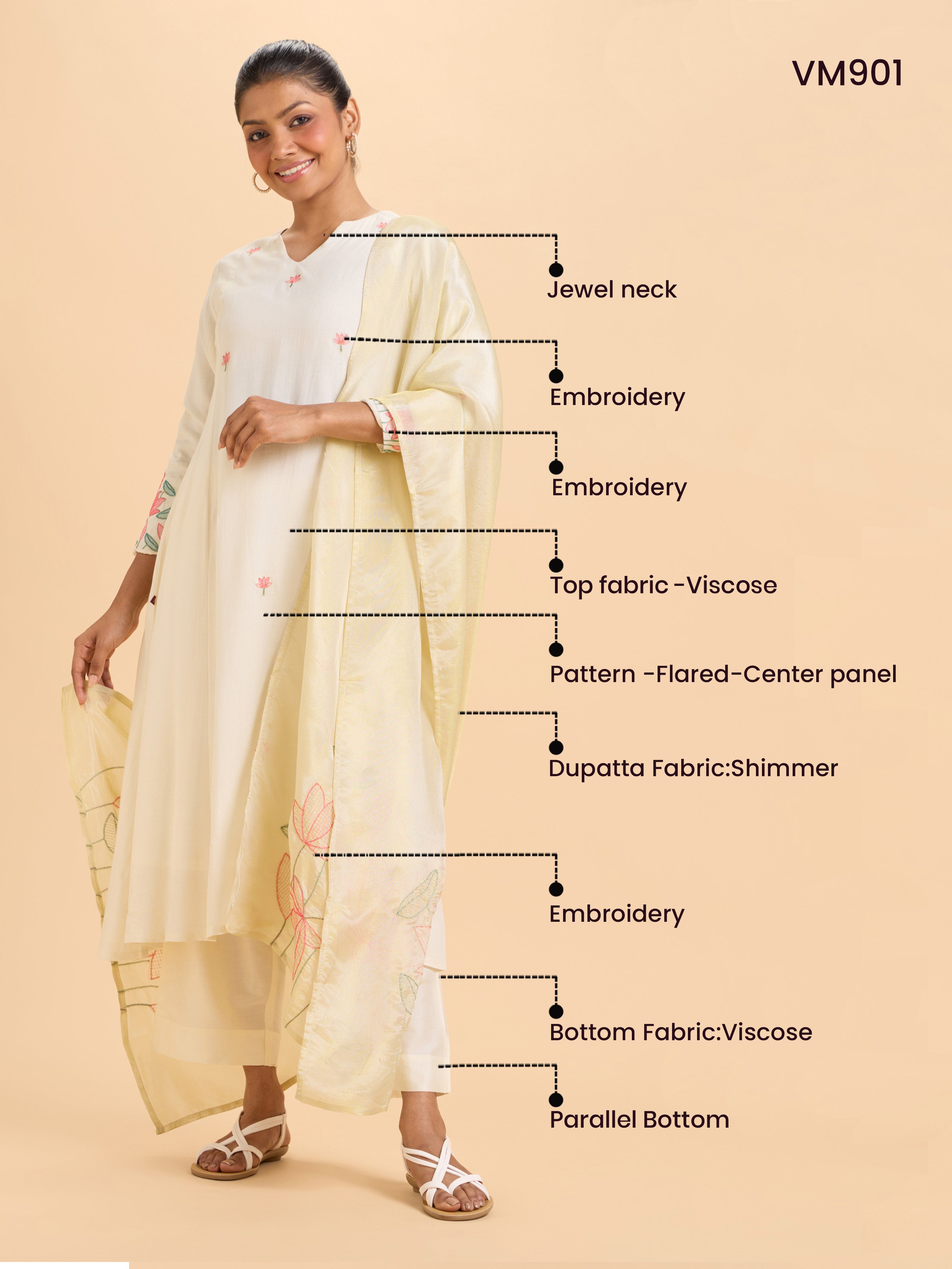 Off White Viscose Shimmer Plain Flared Kurti Set With Duppatta And Sequins Embroidery