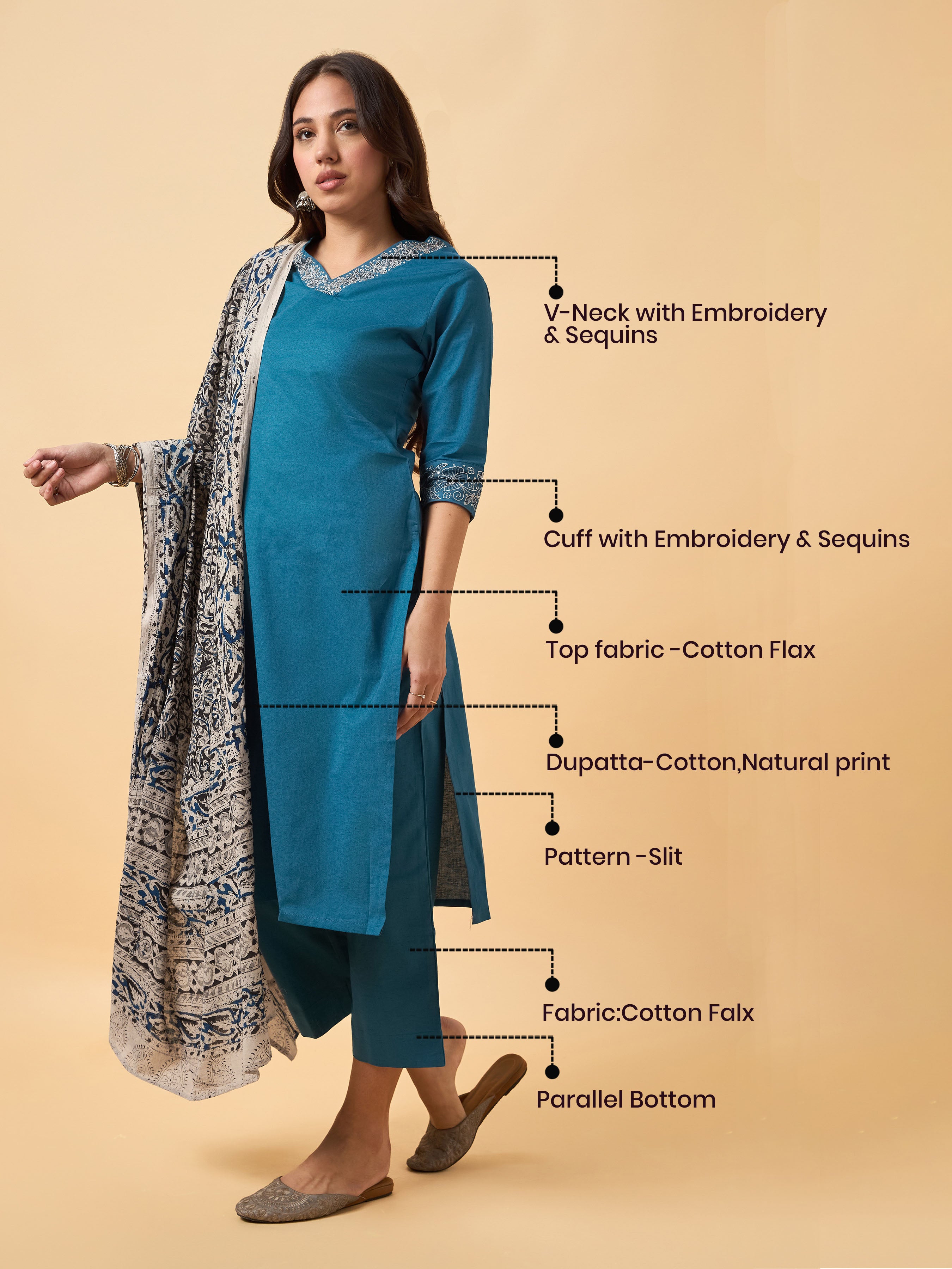 Classic Blue Cotton Flax Plain Kurti Set With Kalamkari Dupatta And Sequence Embroidery