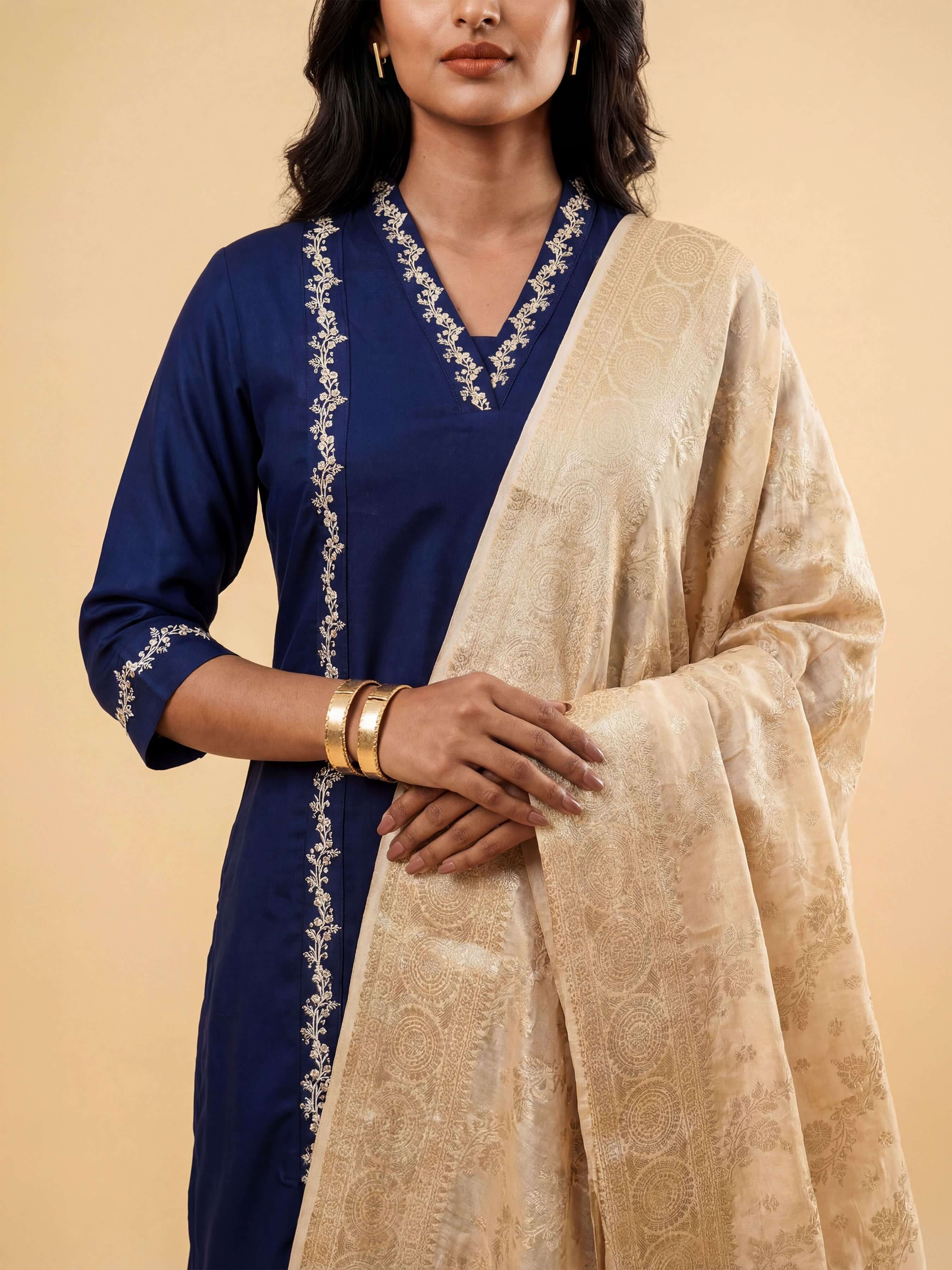 Royal Blue Viscose Kurti Set With Dupatta And Handwork Embroidery