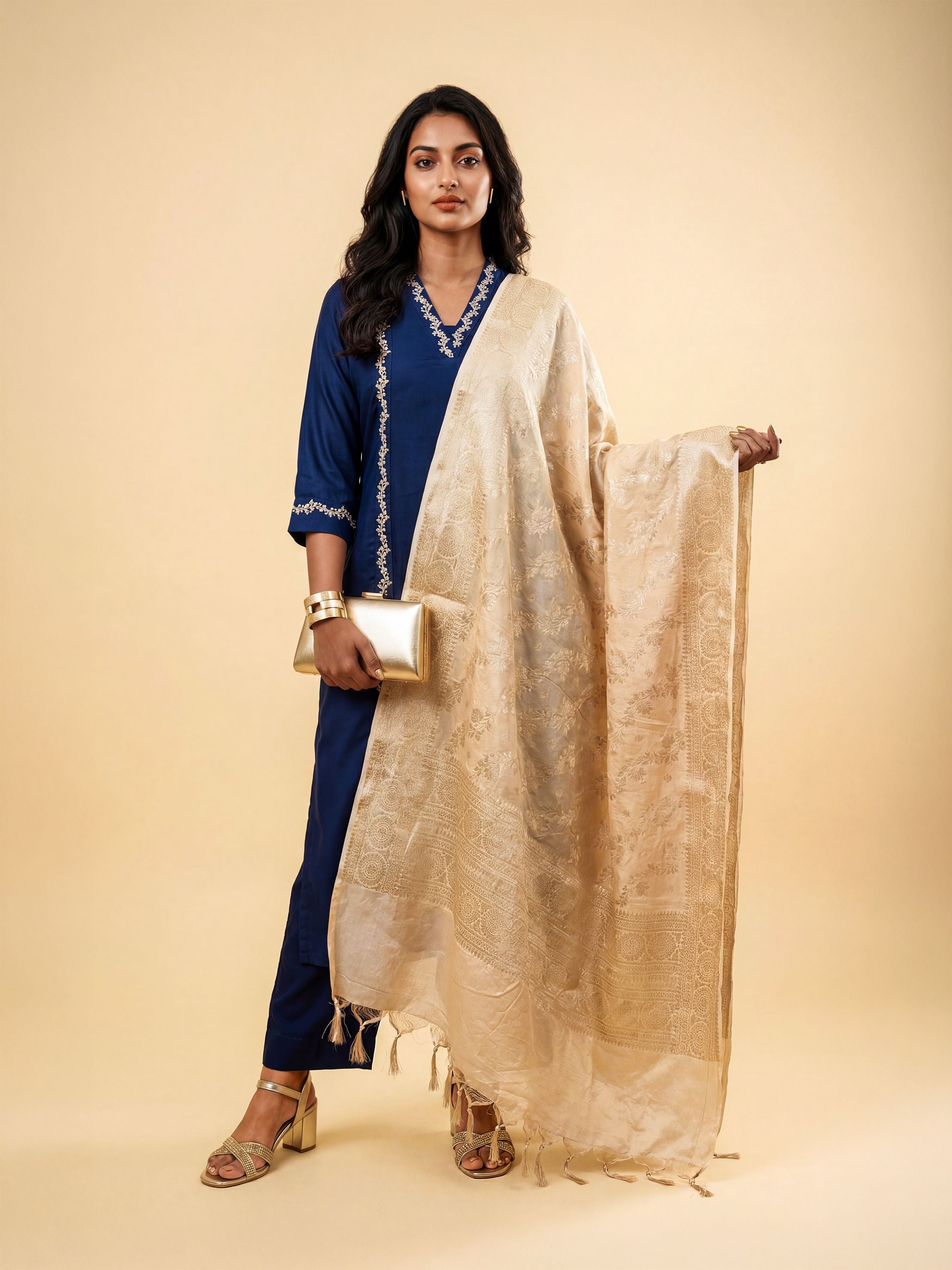 Royal Blue Viscose Kurti Set With Dupatta And Handwork Embroidery