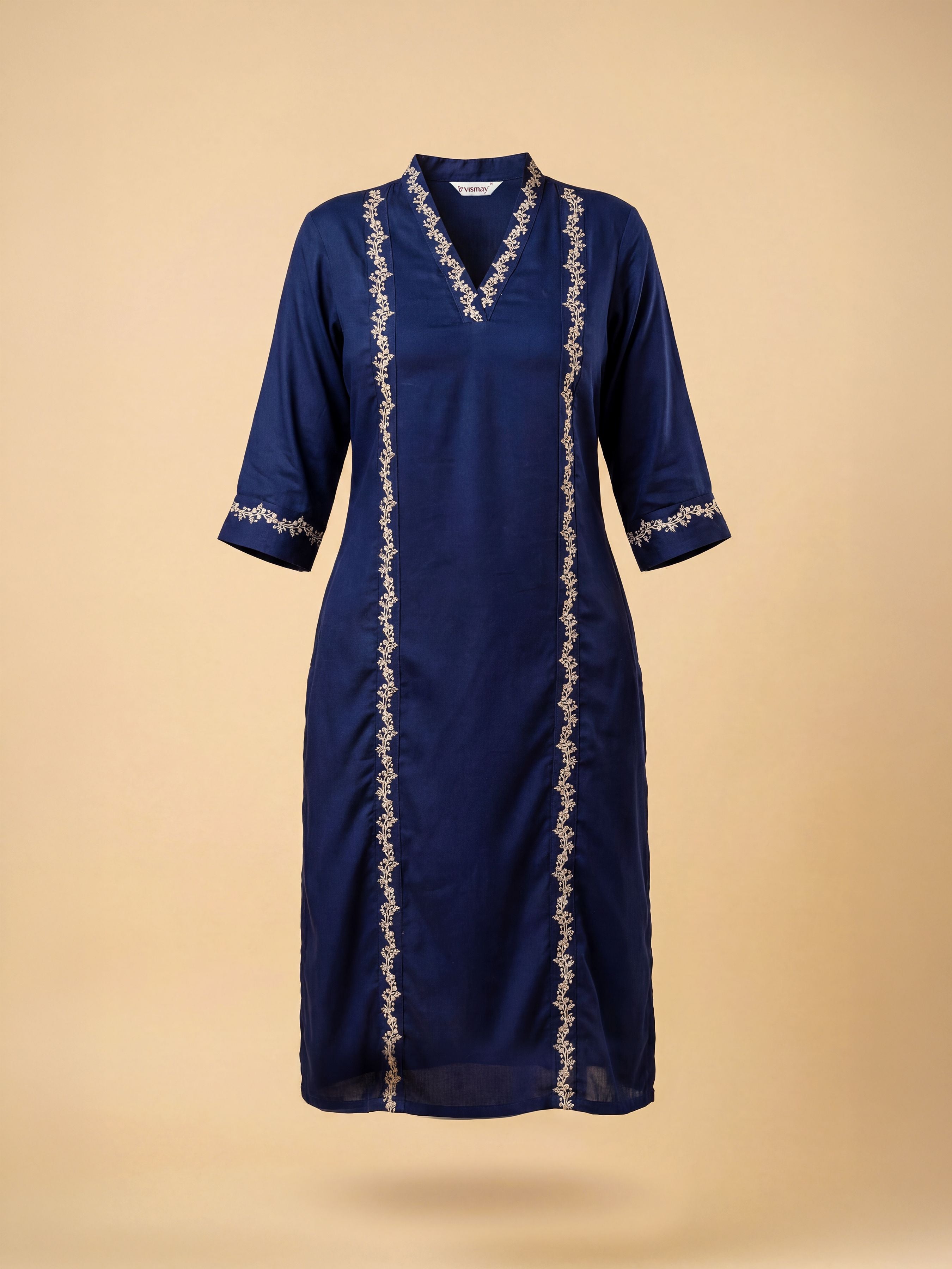Royal Blue Viscose Kurti Set With Dupatta And Handwork Embroidery