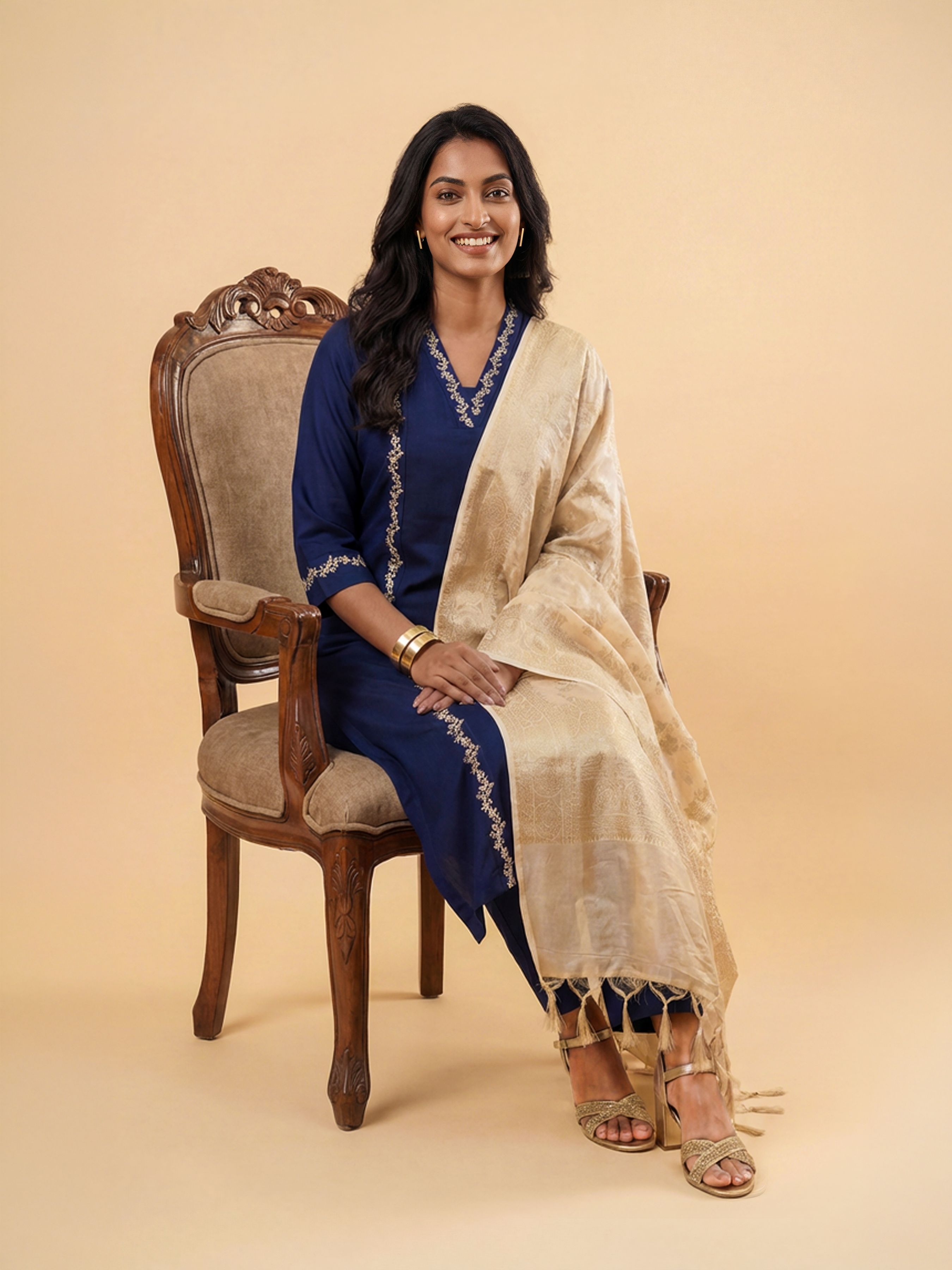 Royal Blue Viscose Kurti Set With Dupatta And Handwork Embroidery