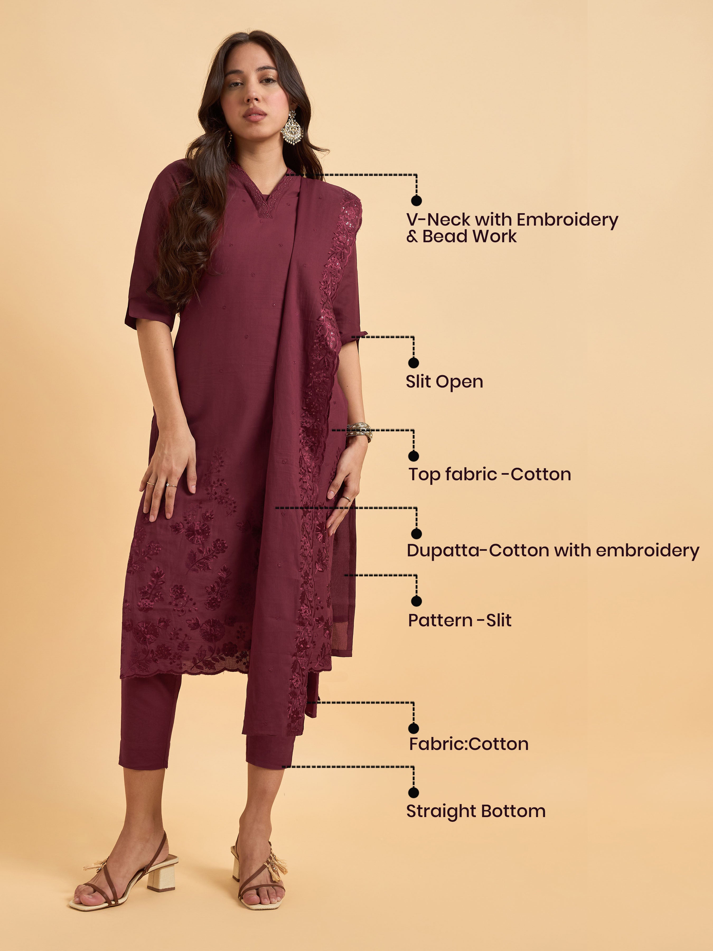 Maroon Pure Cotton Kurti Set With Dupatta And Hand Work Embroidery