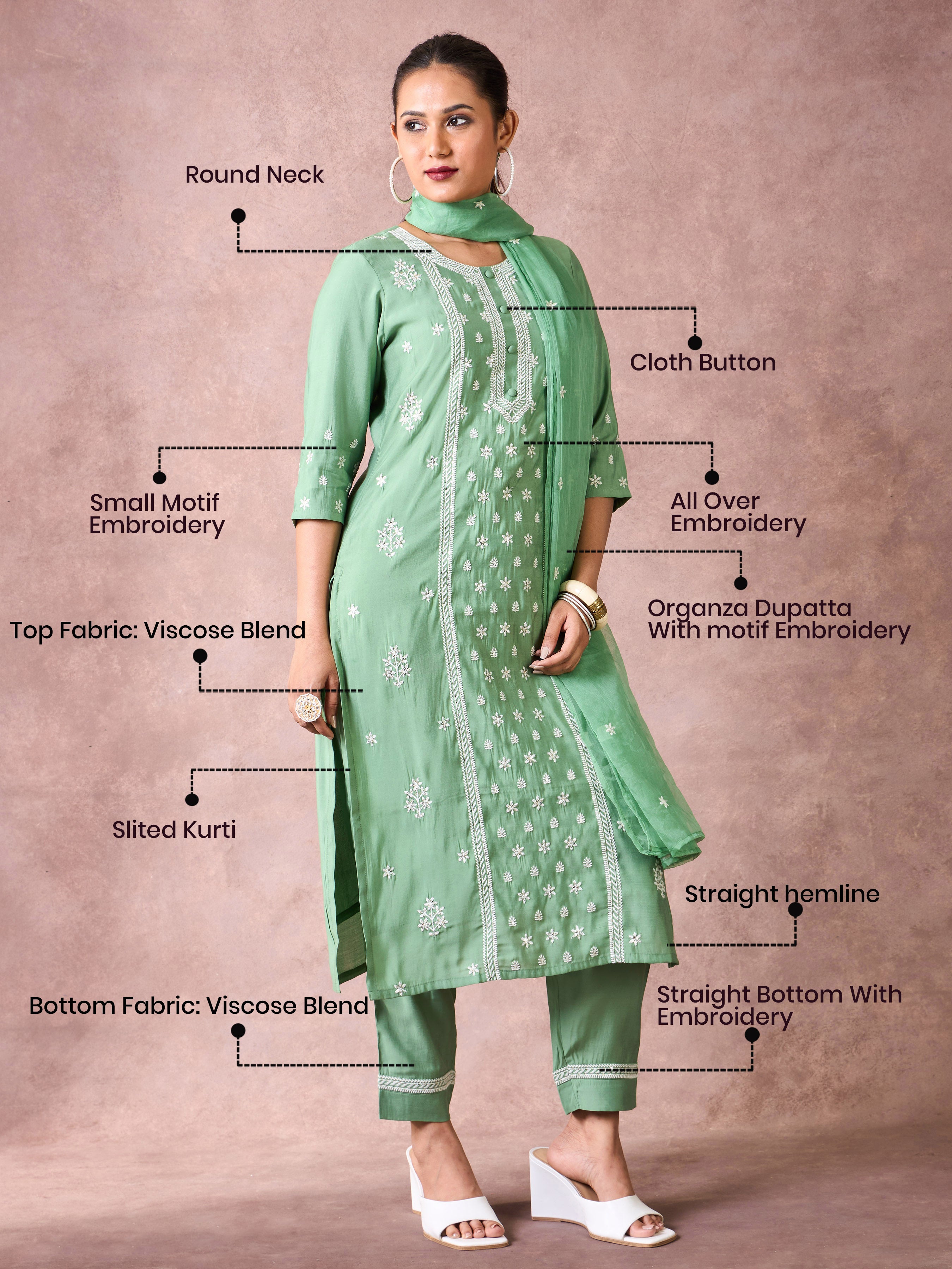 Mint Green Viscose Blend Kurti Set & Dupatta With Embroidery