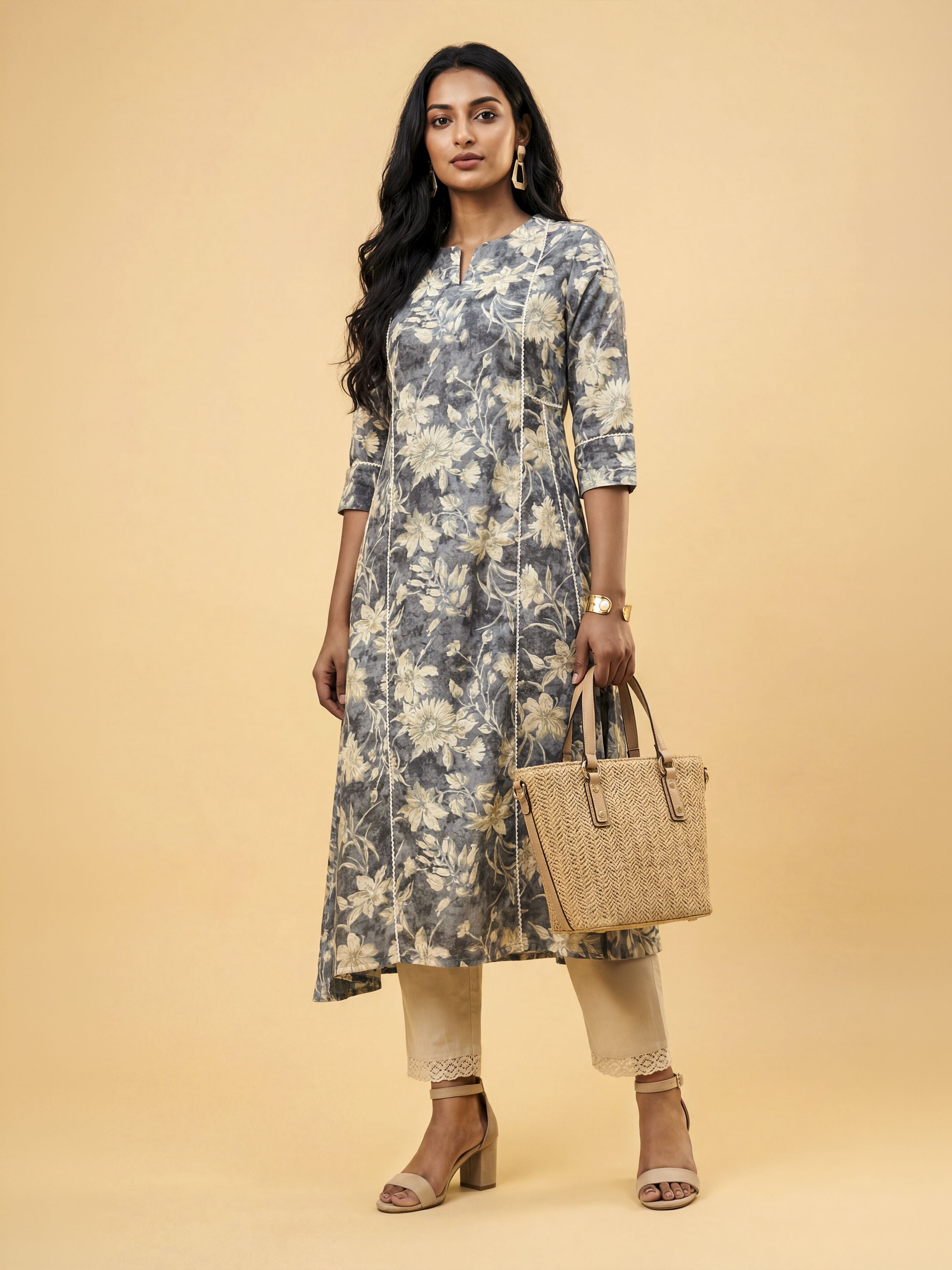 Grey Multi Colour Modal Chanderi Kurti With Lace