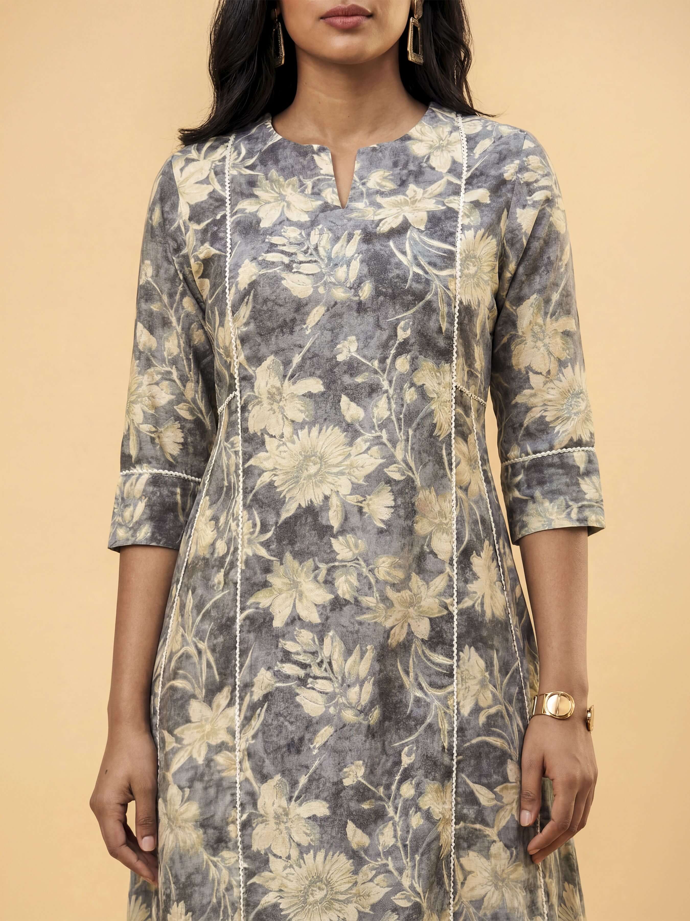 Grey Multi Colour Modal Chanderi Kurti With Lace