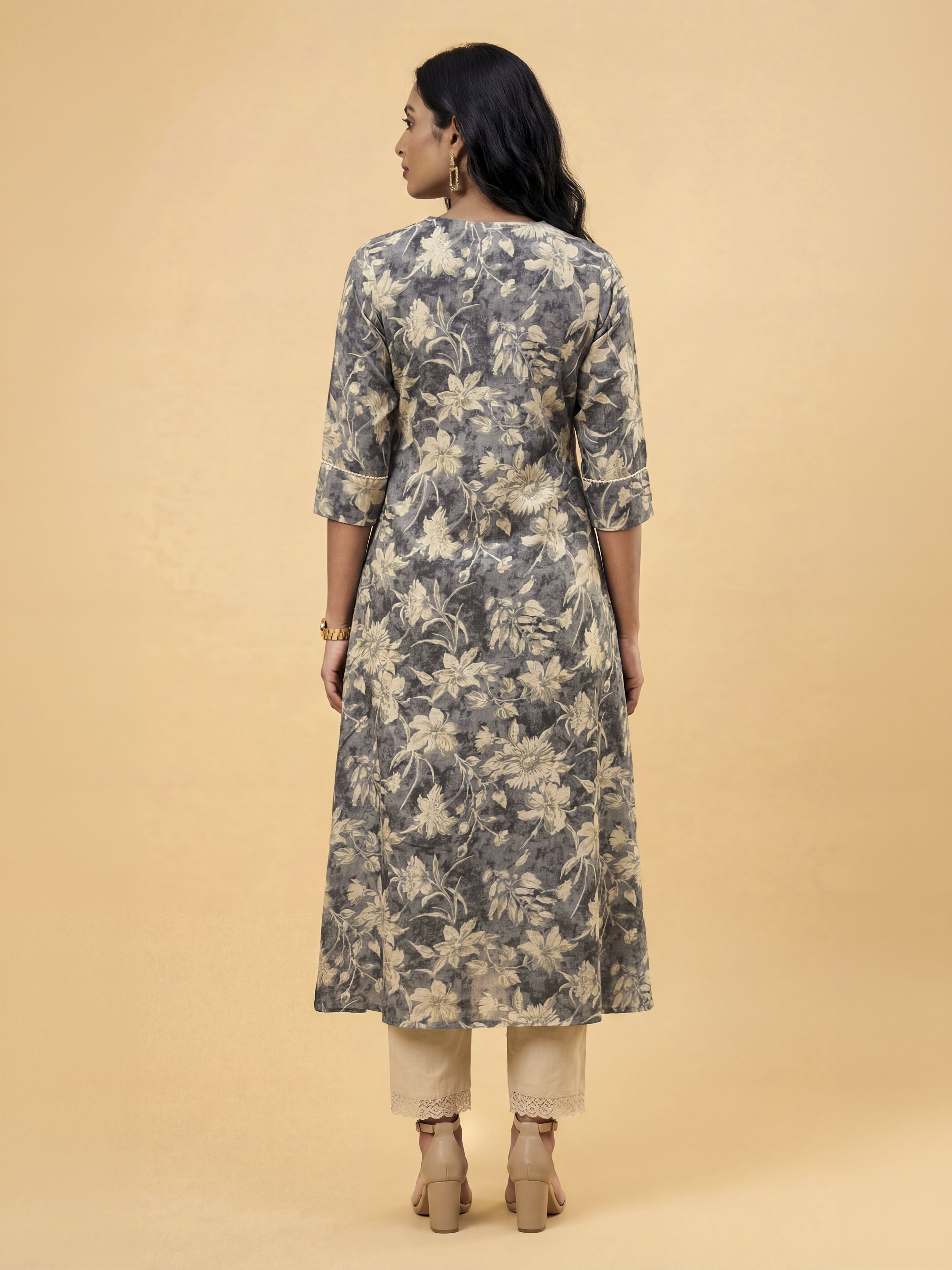 Grey Multi Colour Modal Chanderi Kurti With Lace