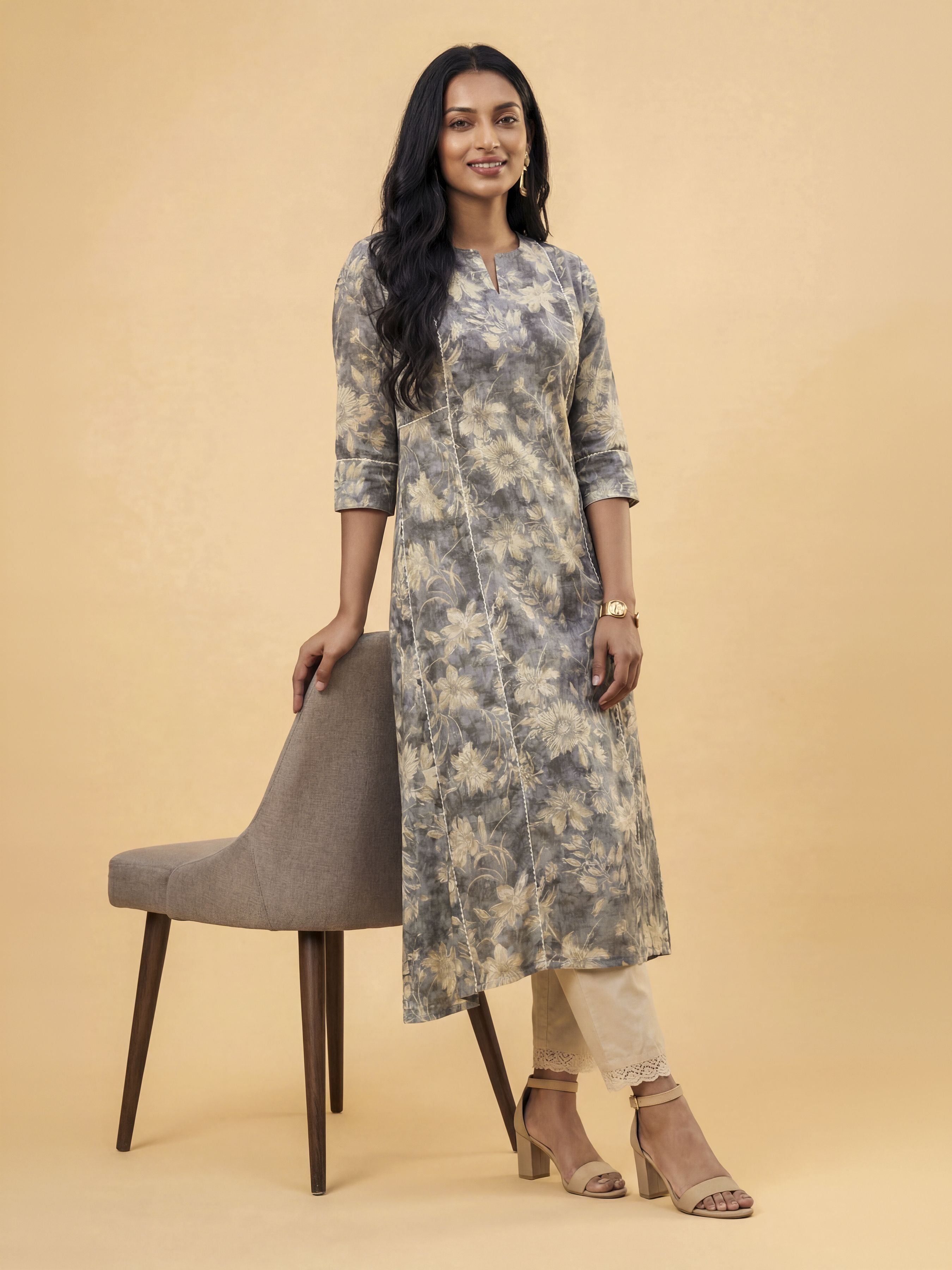 Grey Multi Colour Modal Chanderi Kurti With Lace