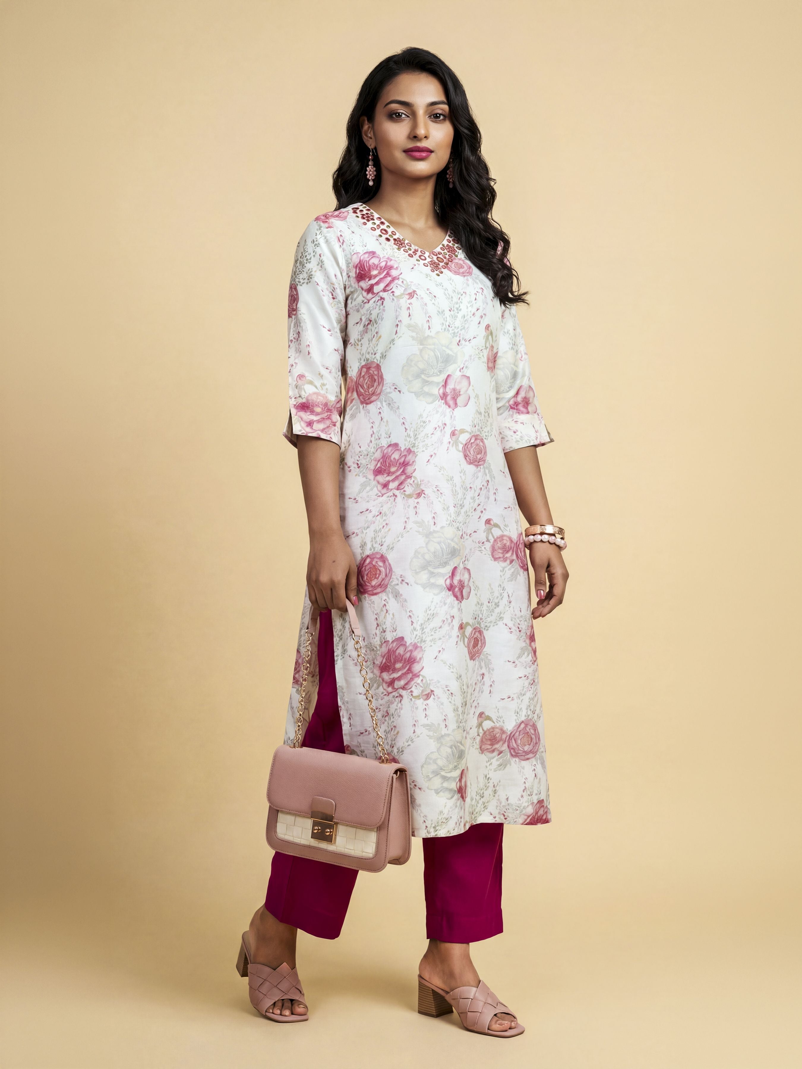 Ivory Multicolour Viscose Blend Slit Kurti Set With Mirror Work