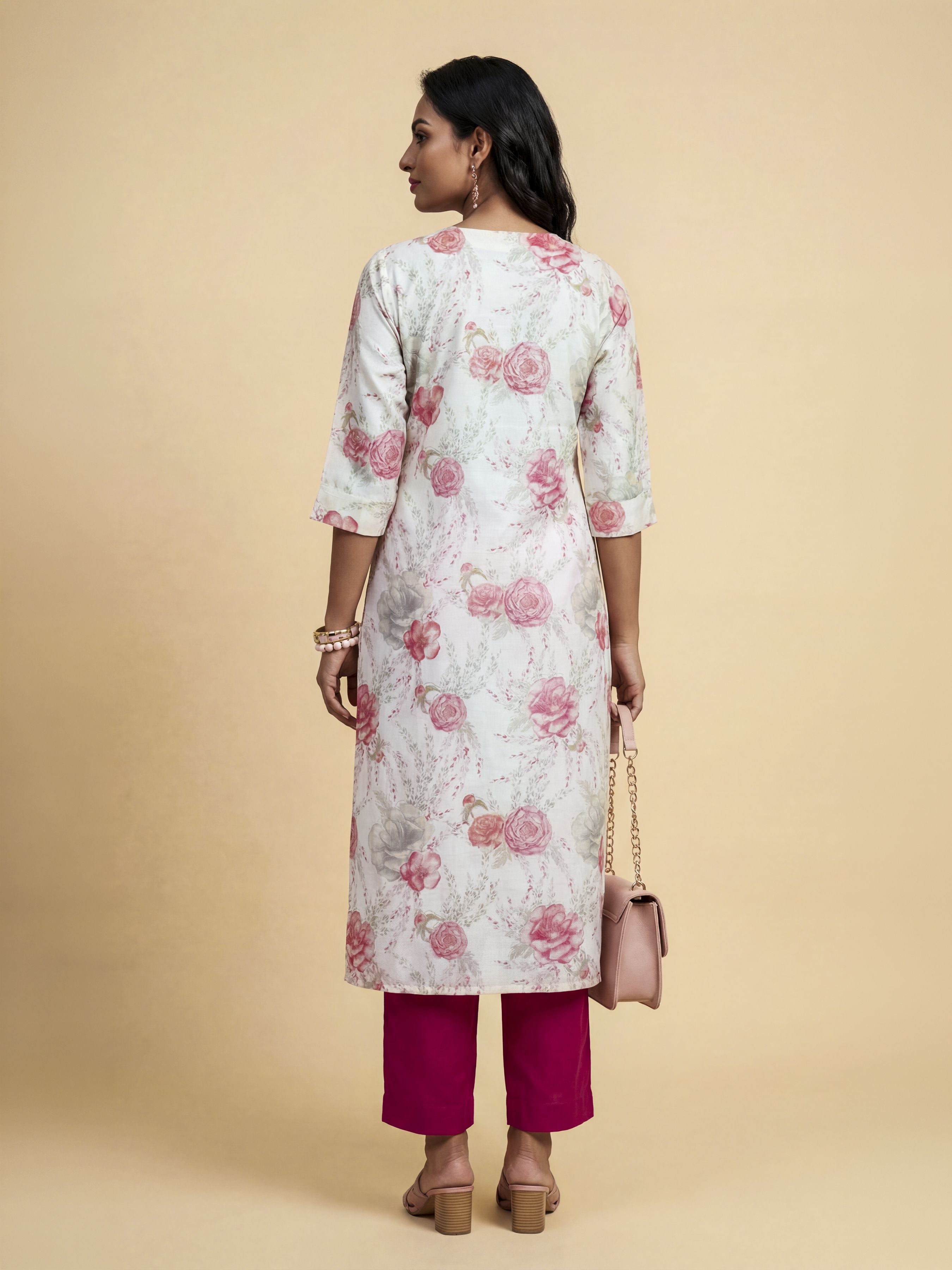 Ivory Multicolour Viscose Blend Slit Kurti Set With Mirror Work
