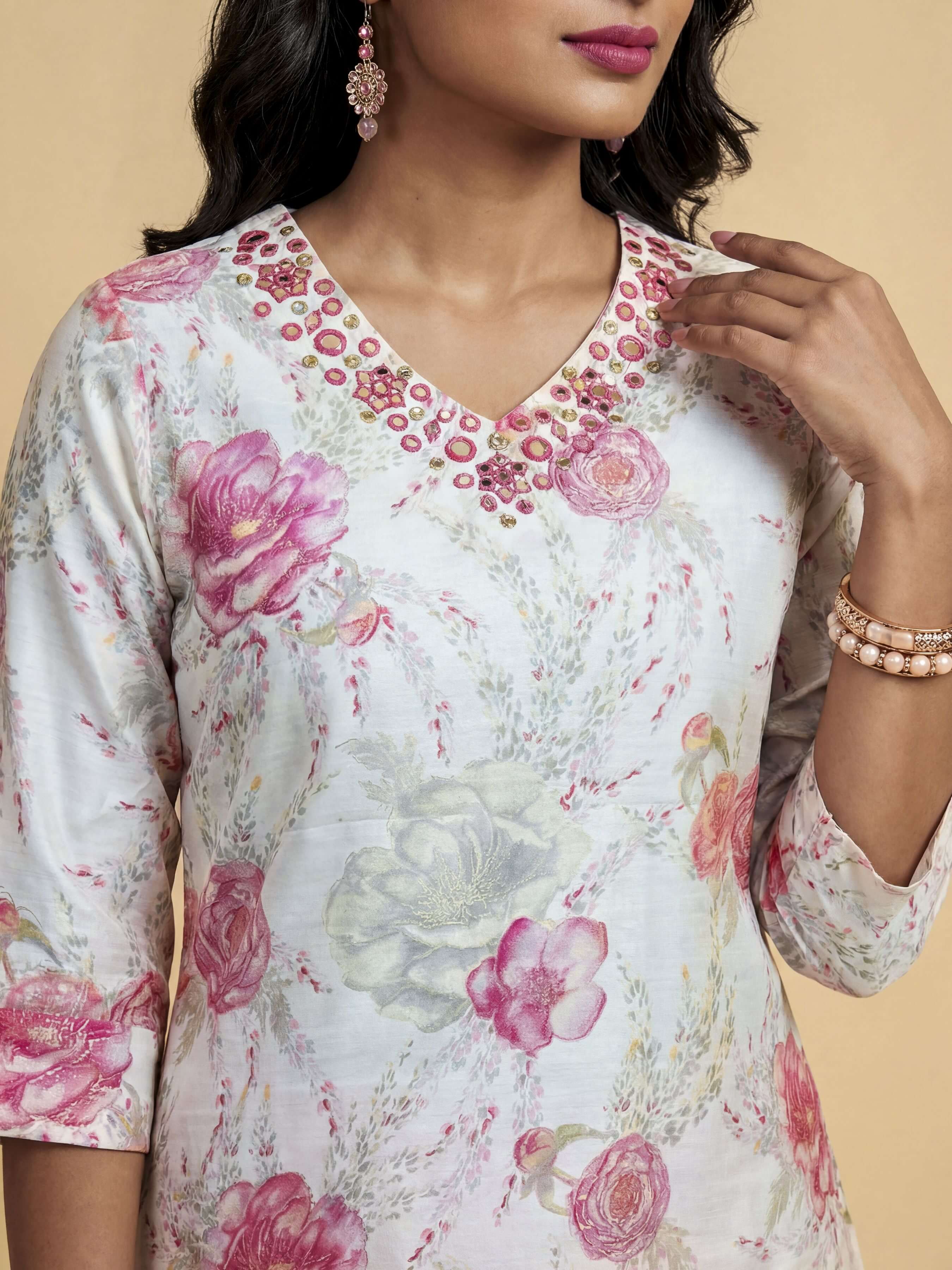 Ivory Multicolour Viscose Blend Slit Kurti Set With Mirror Work