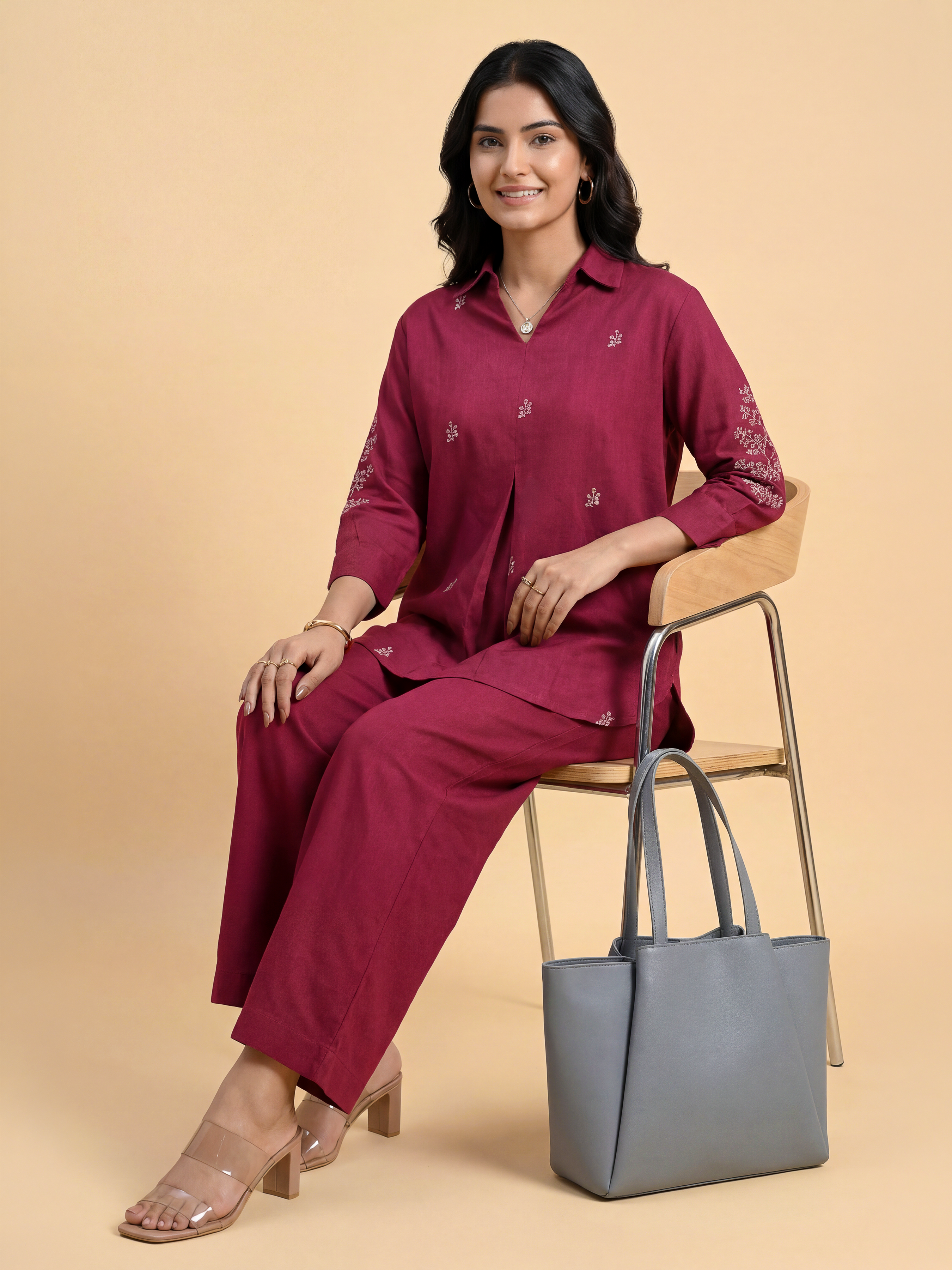 Maroon Viscose Linen Plain Tunic Set With Embroidery And Box Pleat