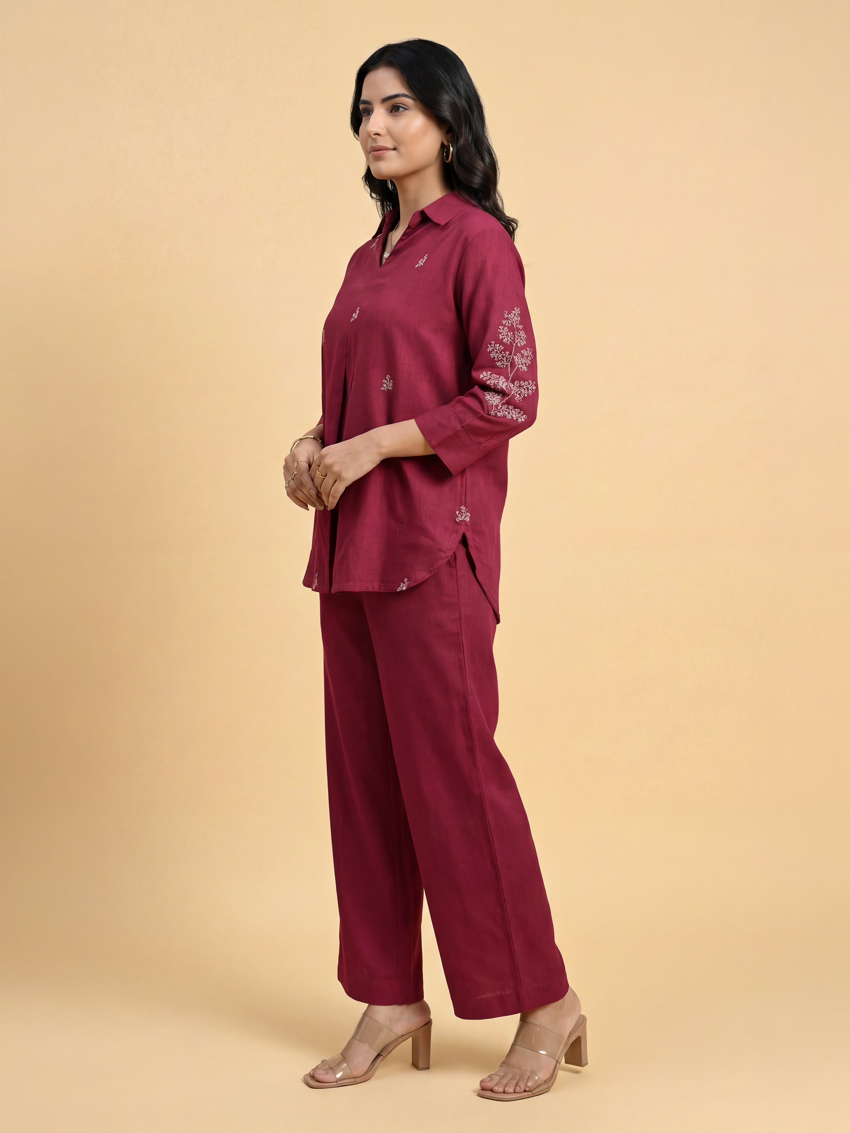 Maroon Viscose Linen Plain Tunic Set With Embroidery And Box Pleat