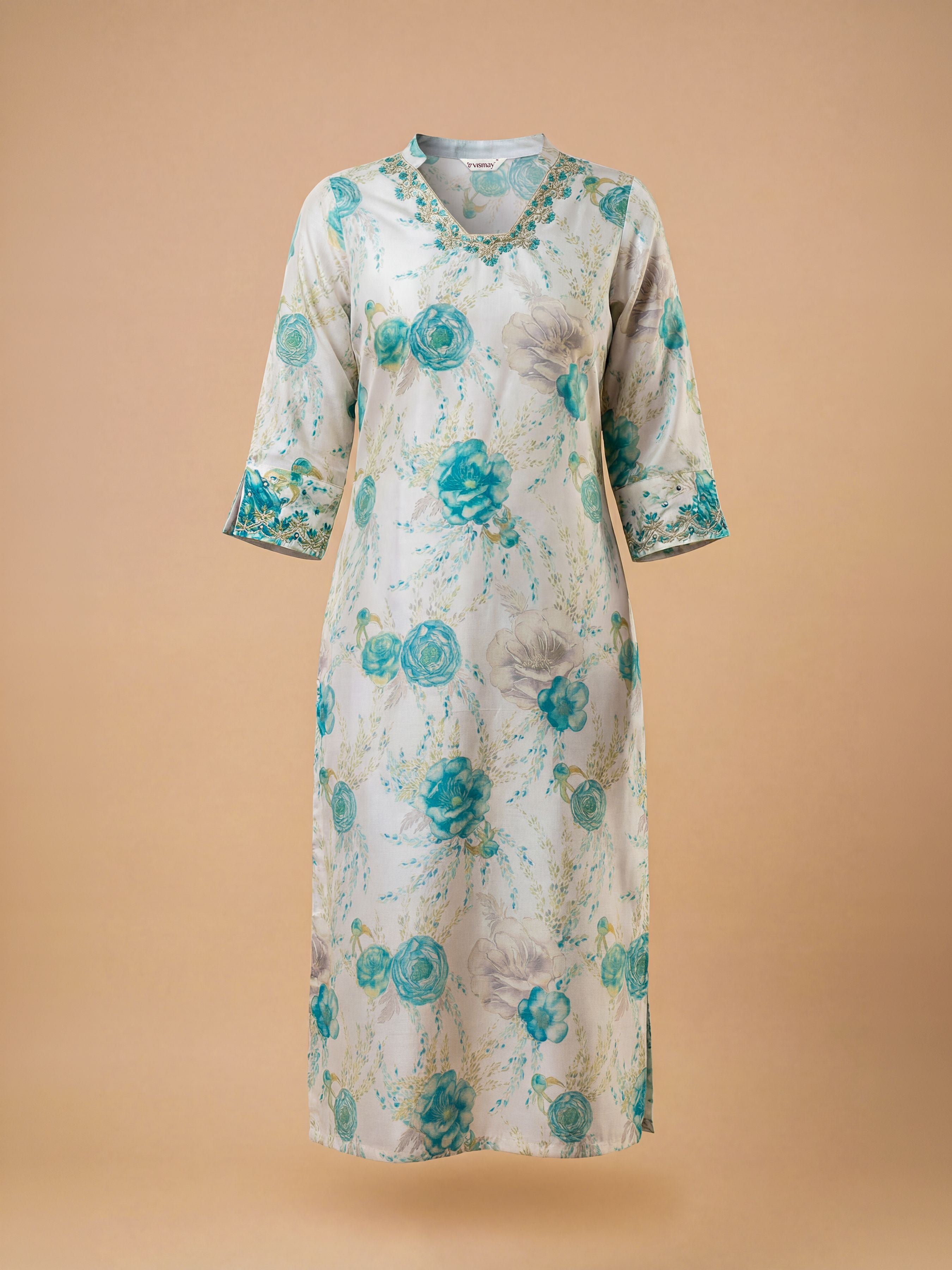 Ivory Multi Colour Viscose Blend Slitted Kurti Set With Embroidery Mirror Work