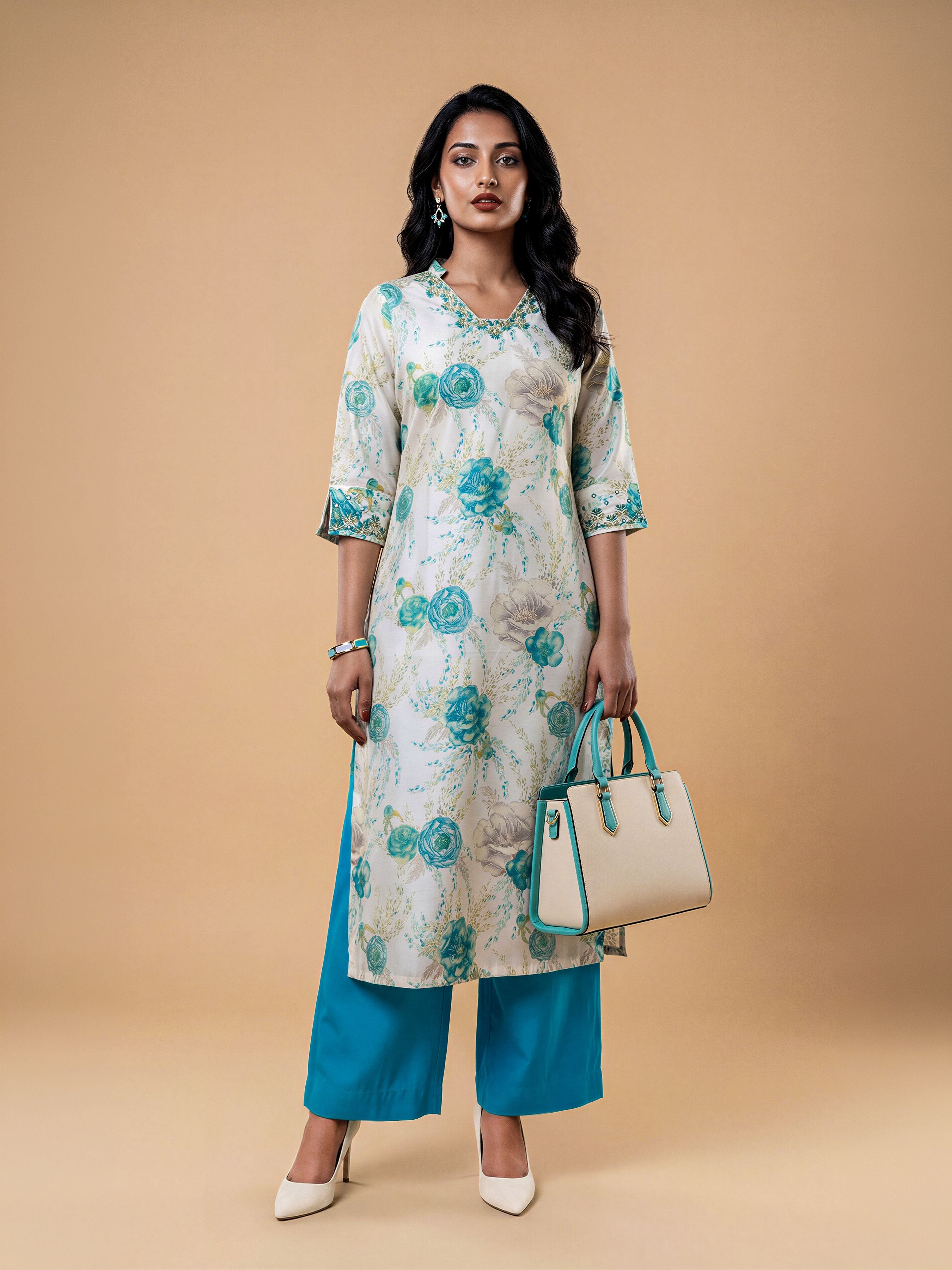 Ivory Multi Colour Viscose Blend Slitted Kurti Set With Embroidery Mirror Work