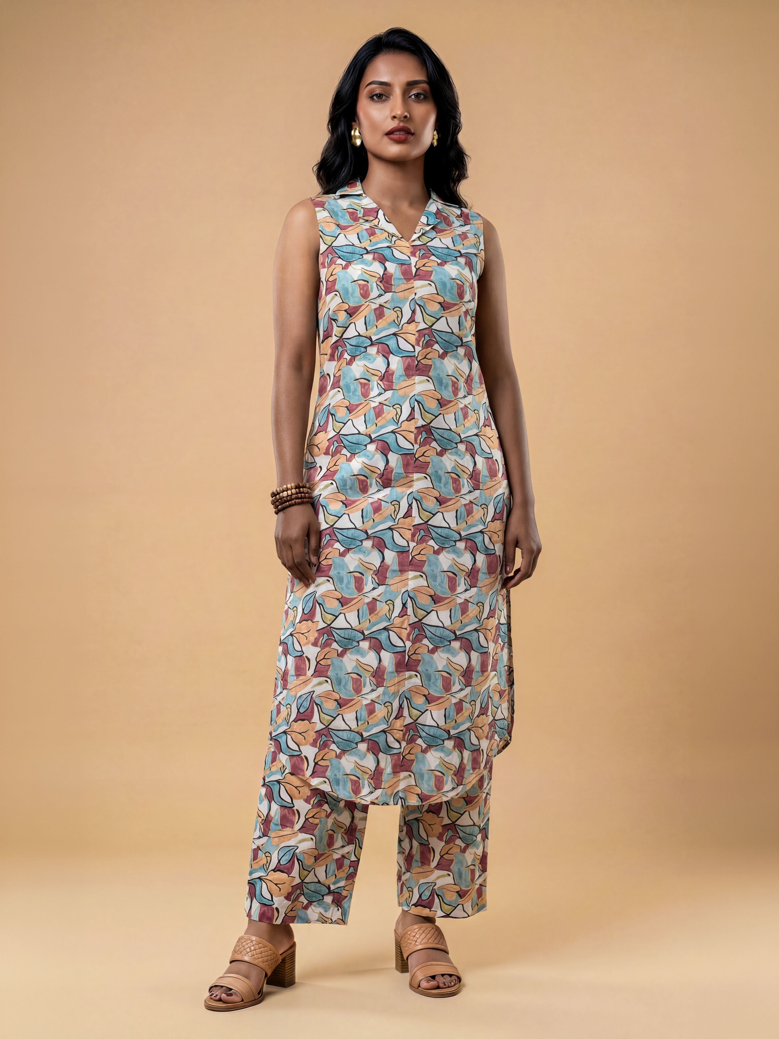 White Multi Colour Cotton Printed Kurti Set With Bottom