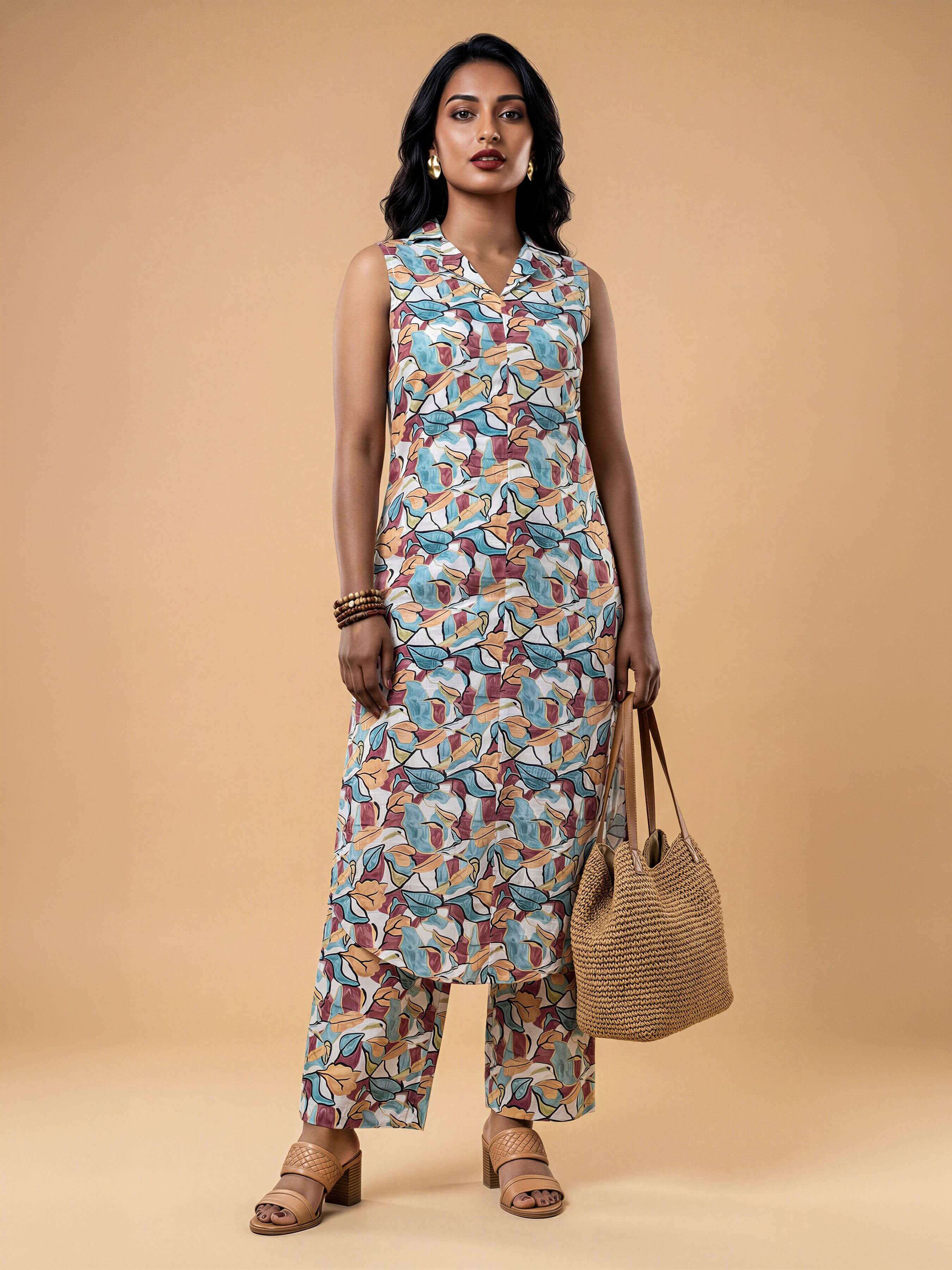 White Multi Colour Cotton Printed Kurti Set With Bottom