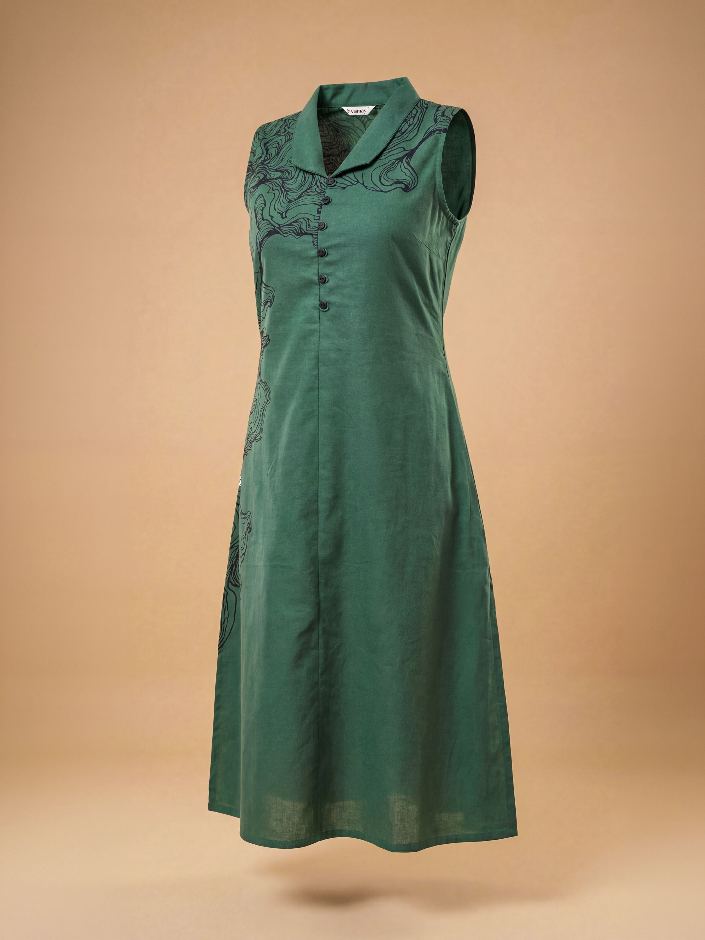 Green Cotton Flax Plain Flared Sleeveless Kurti With Placement Print