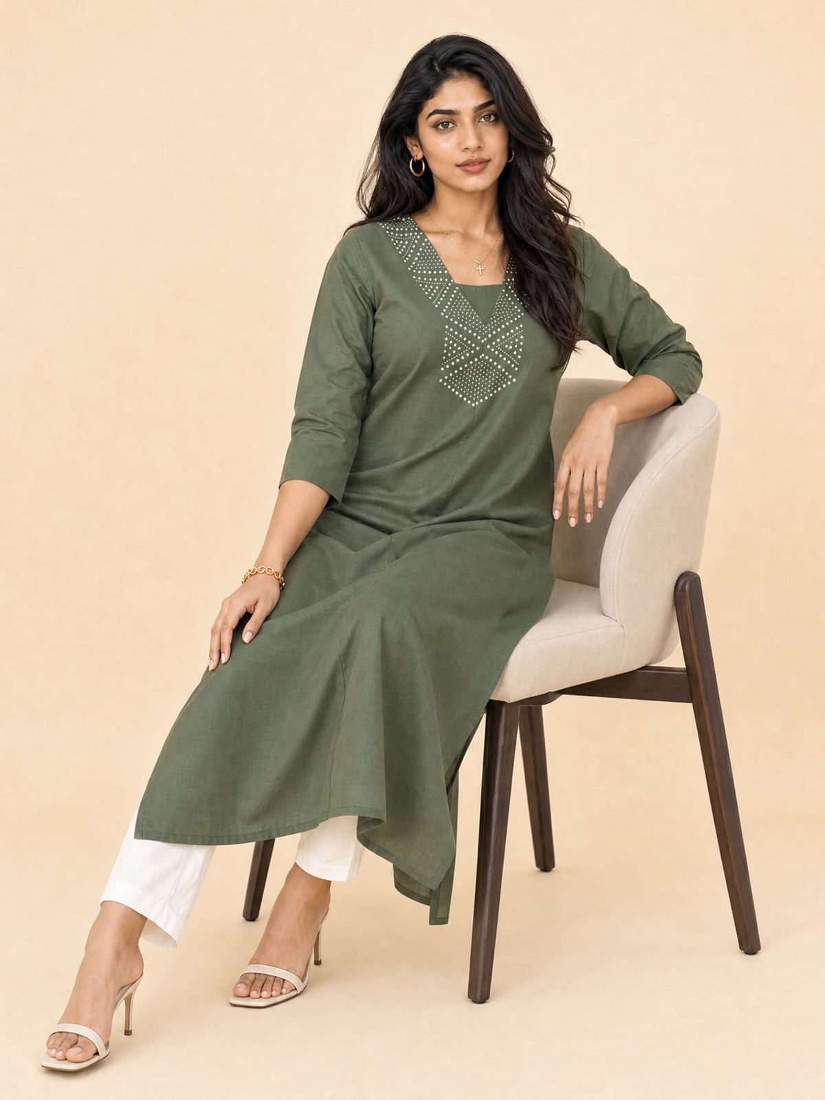 Olive Green Cotton Flared Centre Cut Kurti