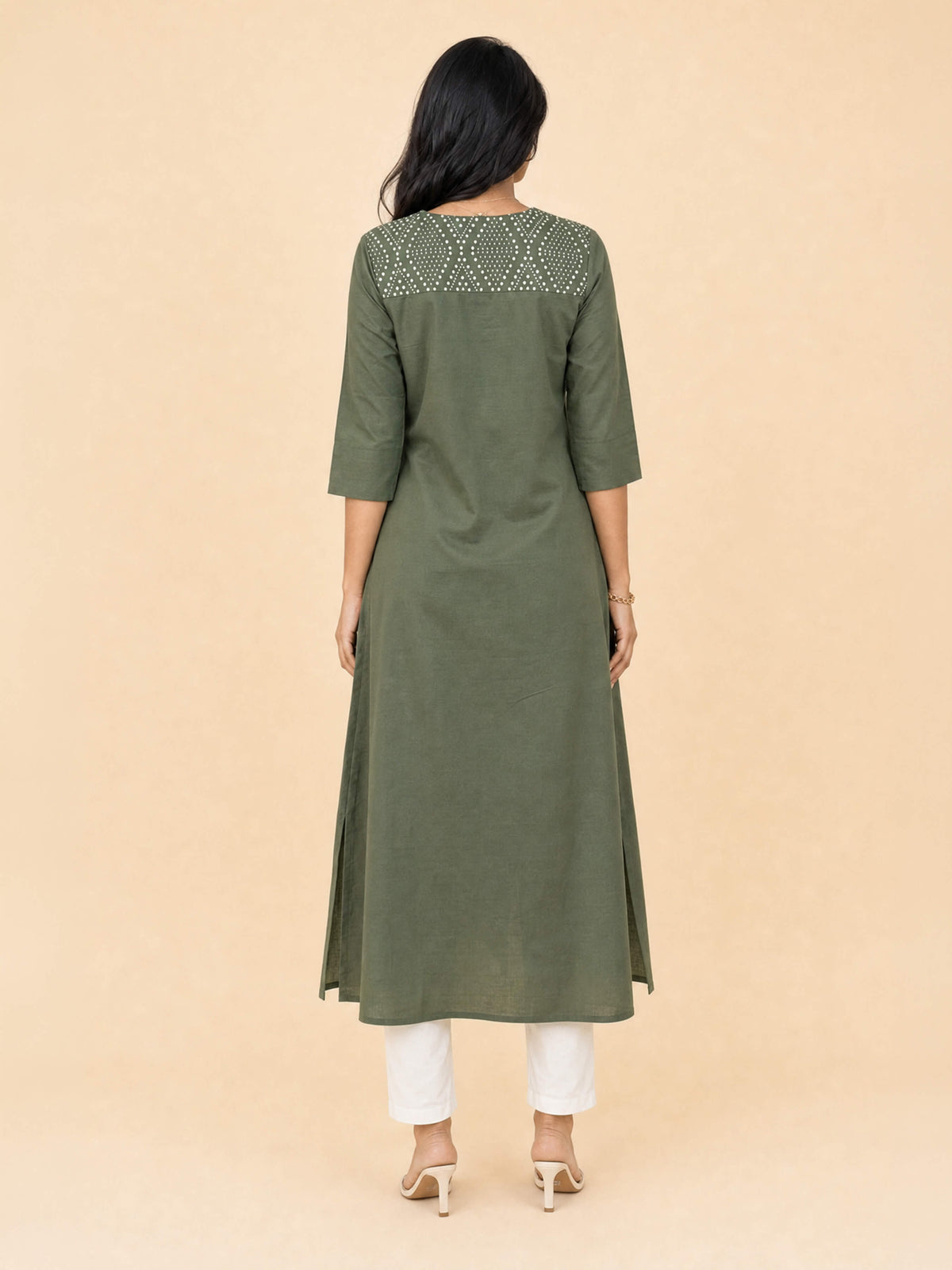 Olive Green Cotton Flared Centre Cut Kurti