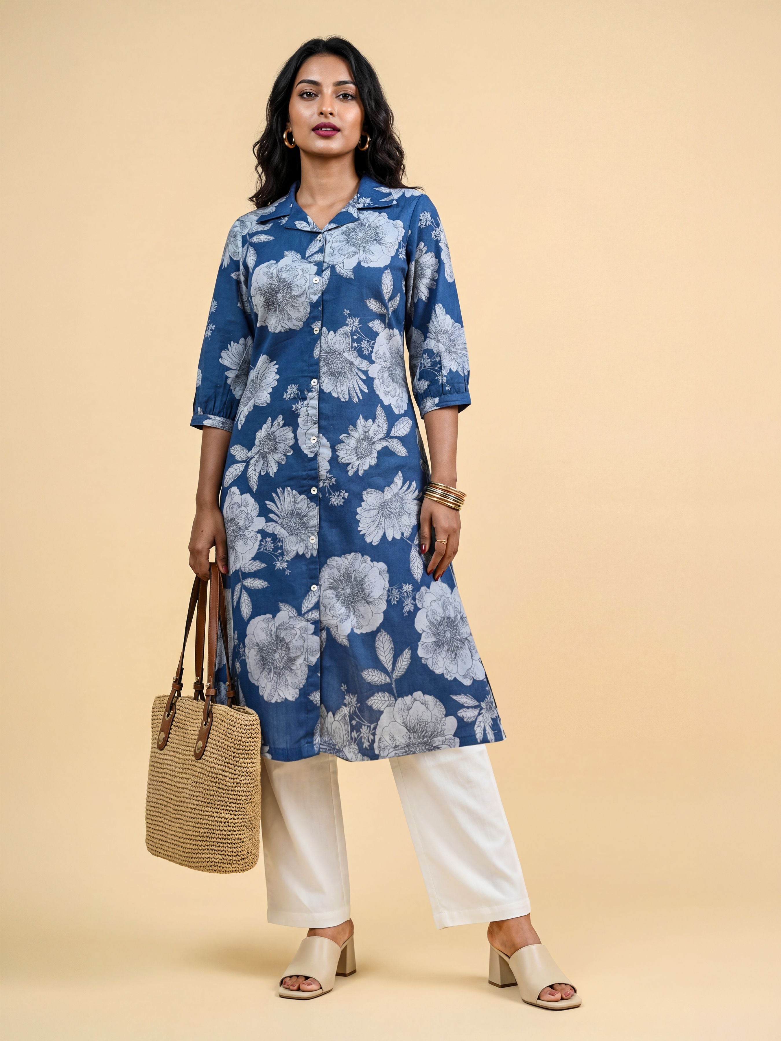 Denim Blue Cotton Flax Printed Kurti With Box Pleat Running Stitch Embroidery