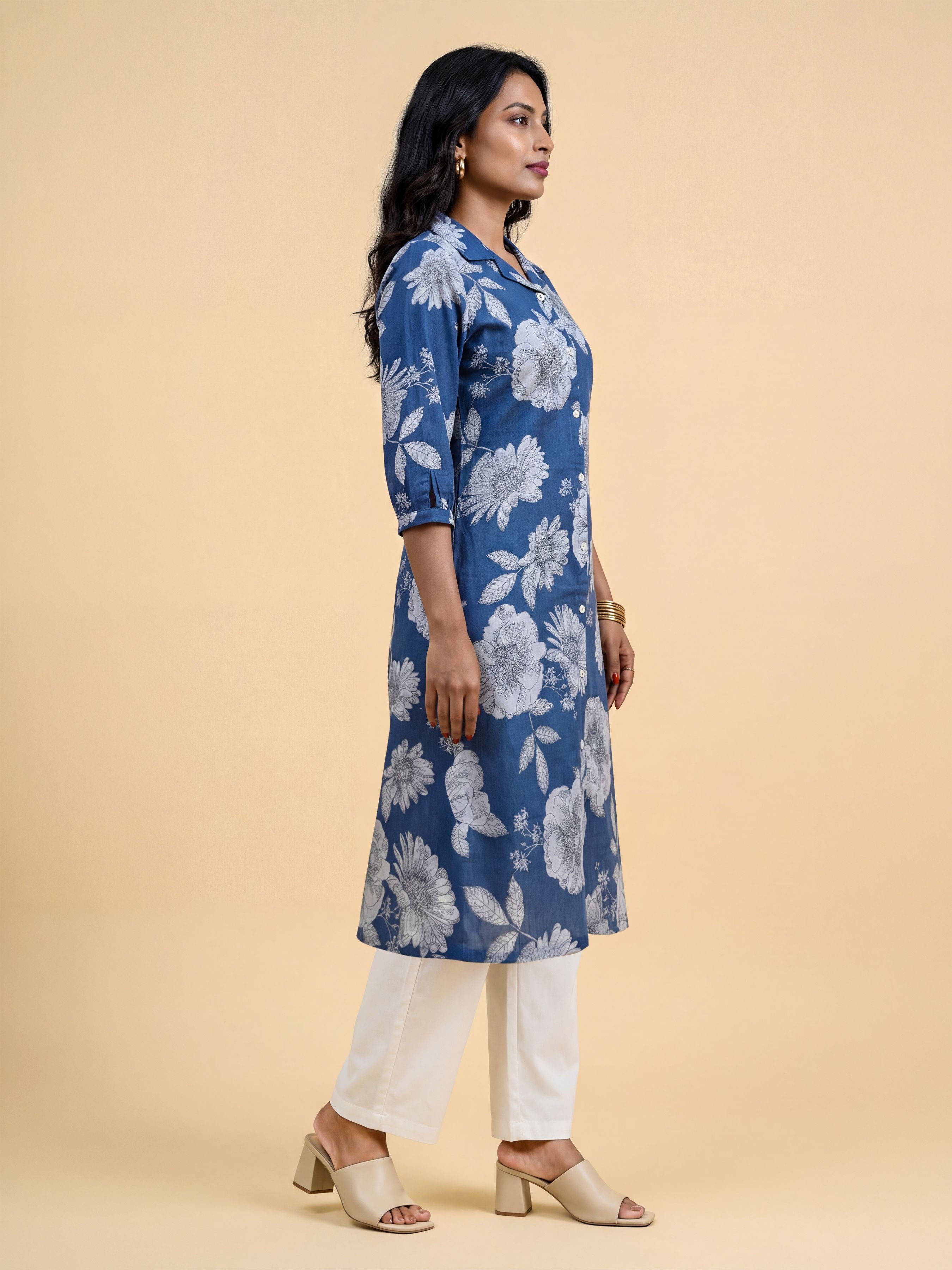 Denim Blue Cotton Flax Printed Kurti With Box Pleat Running Stitch Embroidery