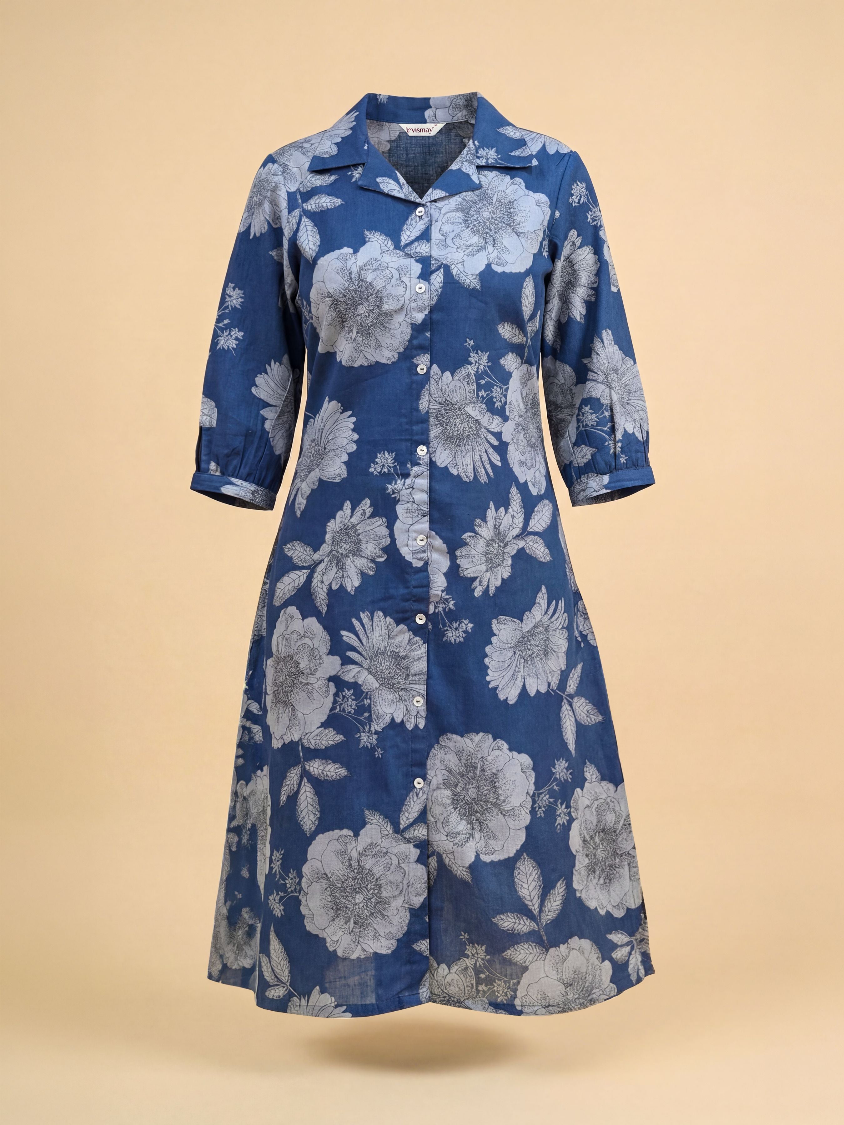 Denim Blue Cotton Flax Printed Kurti With Box Pleat Running Stitch Embroidery