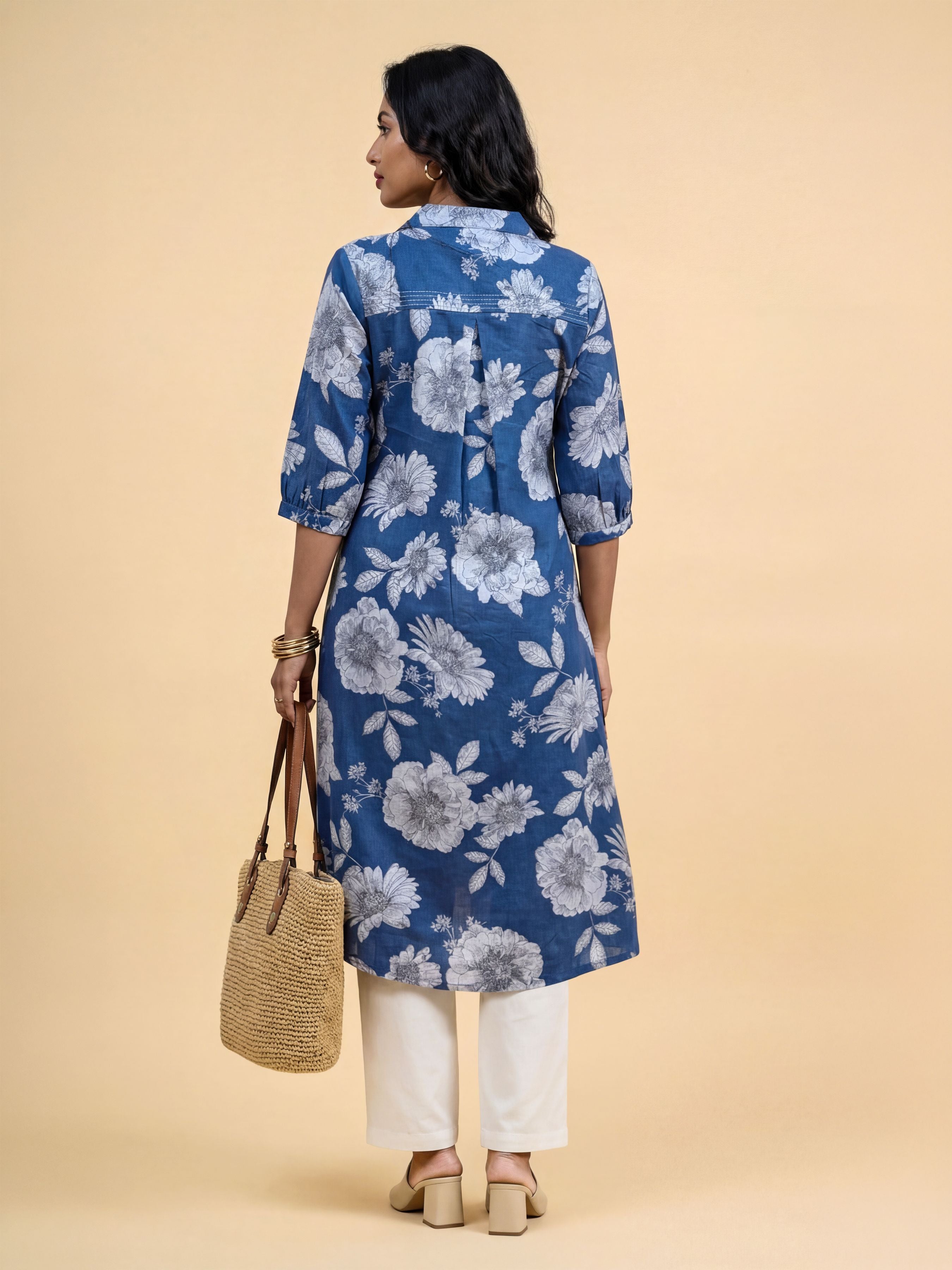 Denim Blue Cotton Flax Printed Kurti With Box Pleat Running Stitch Embroidery