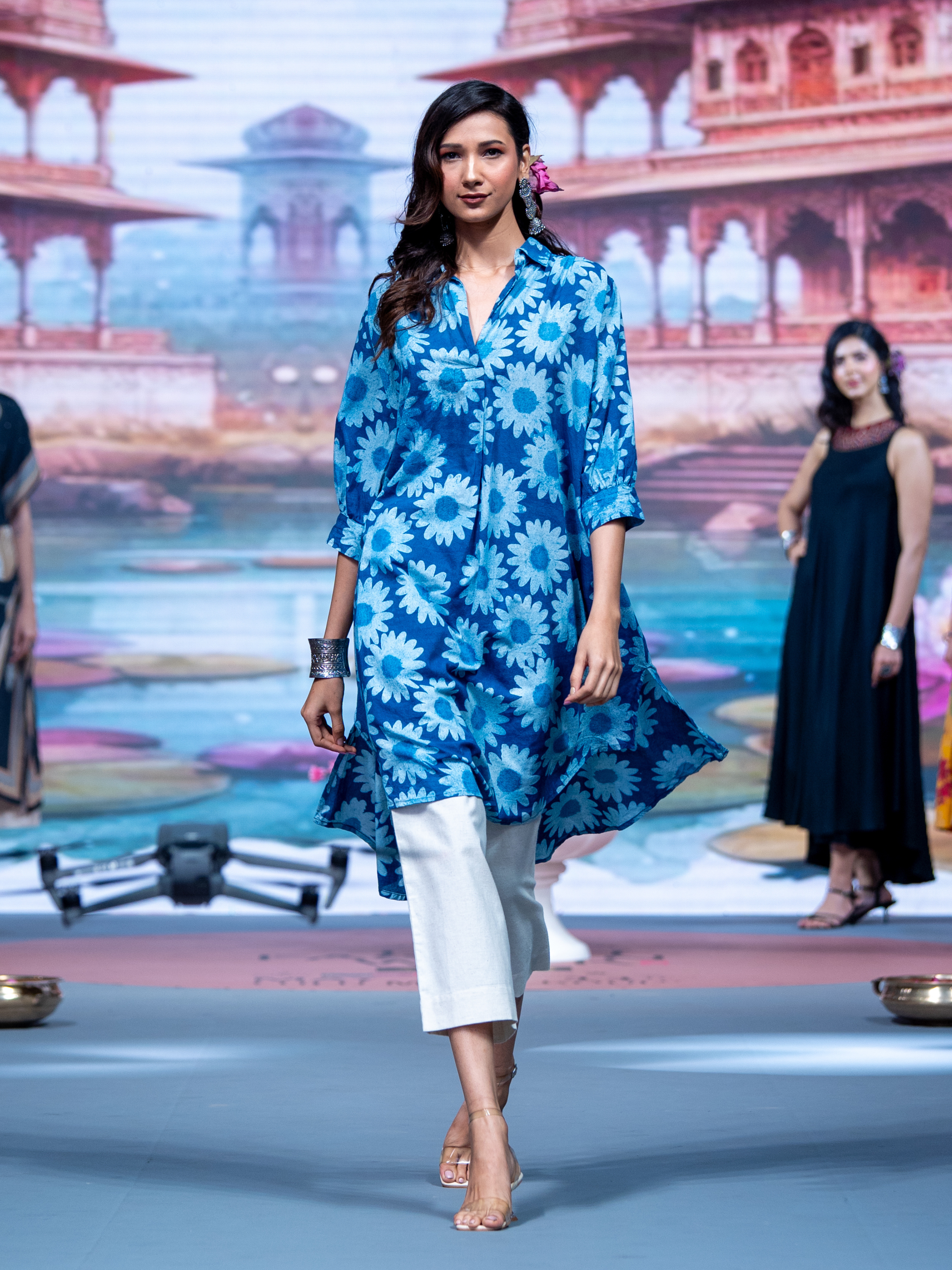 Indigo Blue Cotton Printed Flared Kurti With Curved Hem