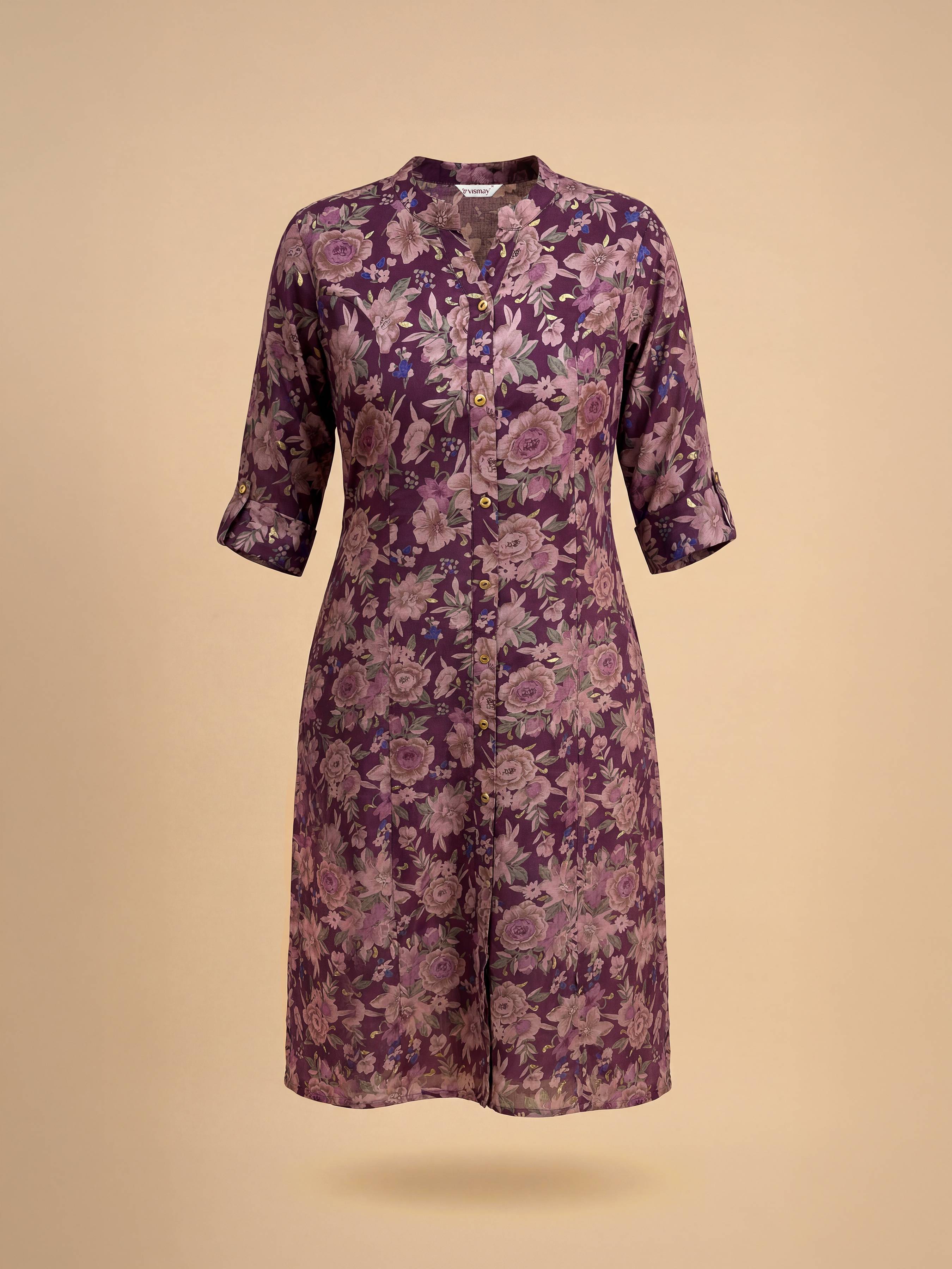 Wine Red Viscose Blend Printed Flared Kurti With Princess Cut