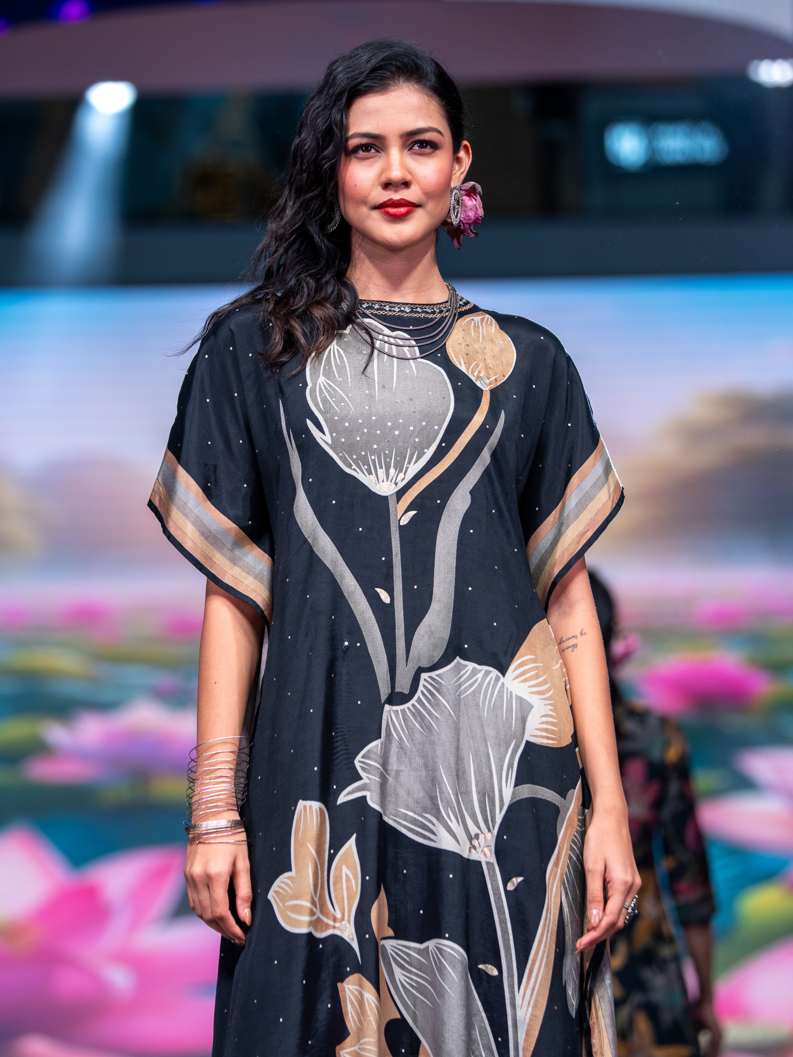 Black Modal Satin Printed Kaftan Kurti With Sequins Embroidery