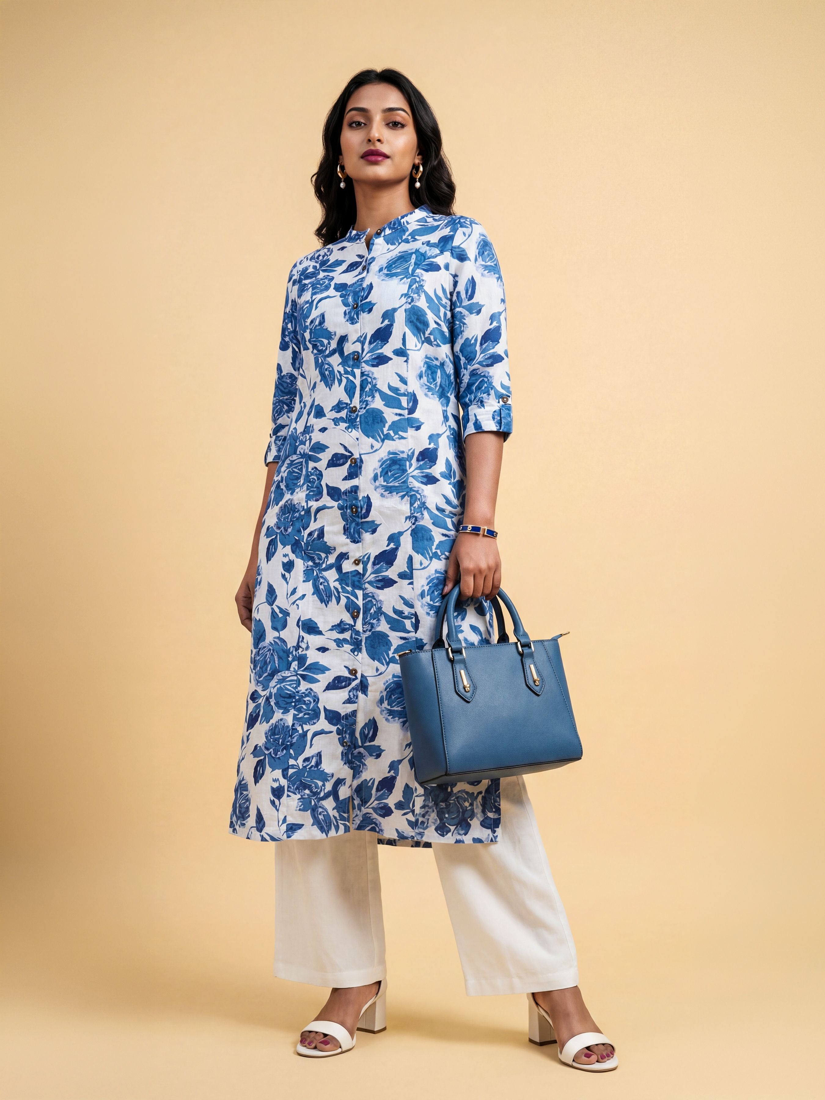 White Blue Colour Cotton Flax Printed Slit Kurti With Placket