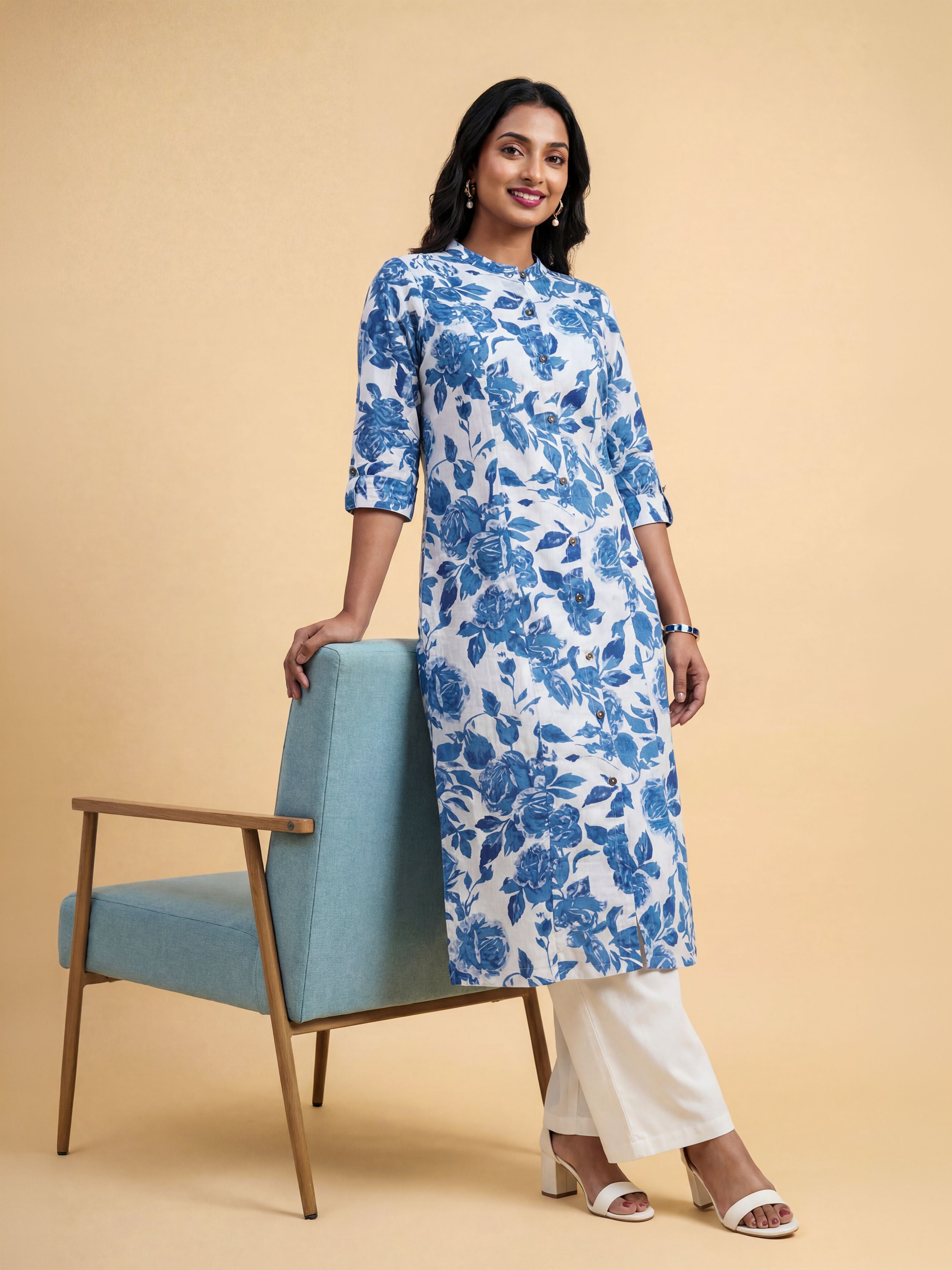 White Blue Colour Cotton Flax Printed Slit Kurti With Placket