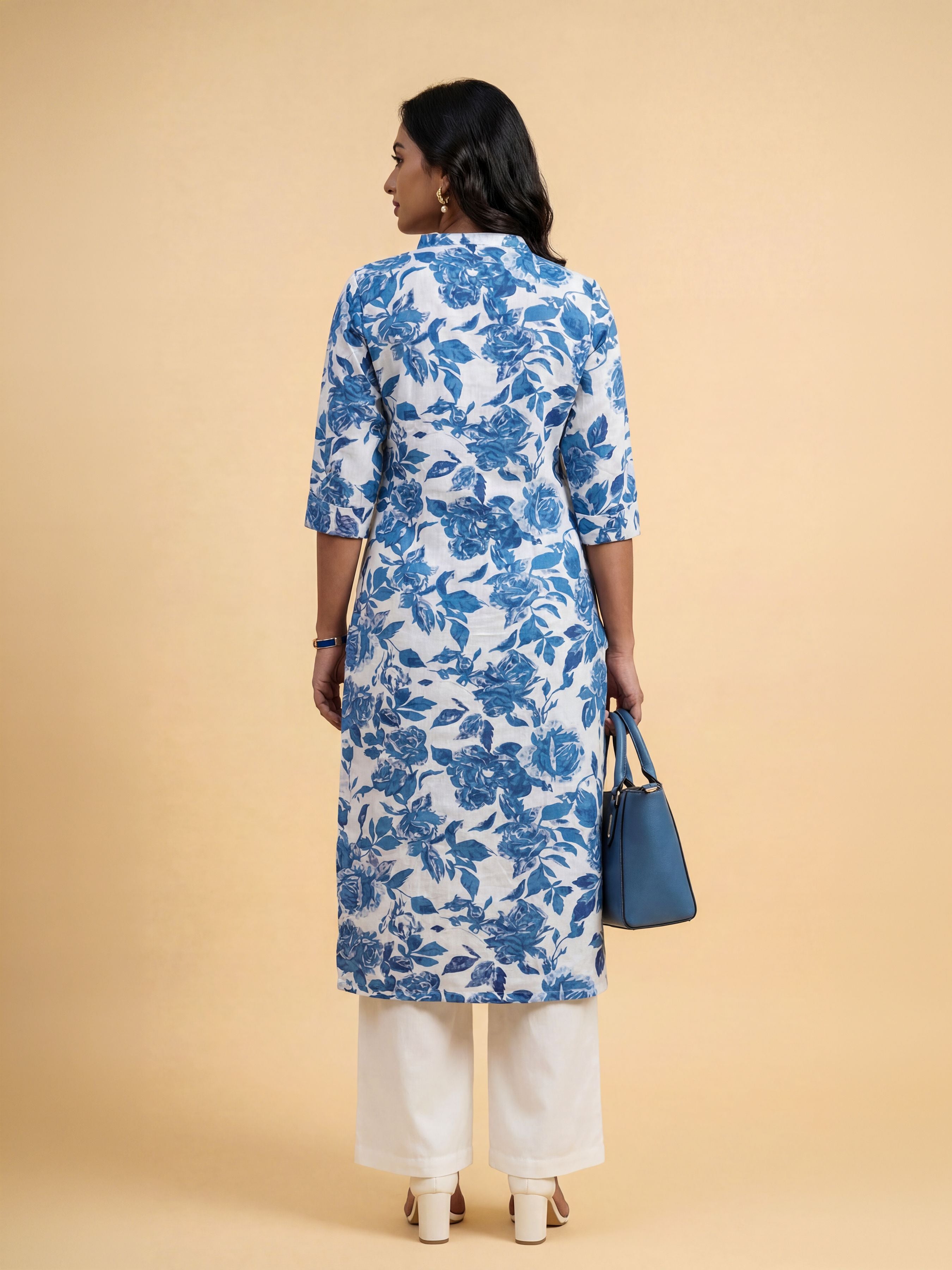 White Blue Colour Cotton Flax Printed Slit Kurti With Placket